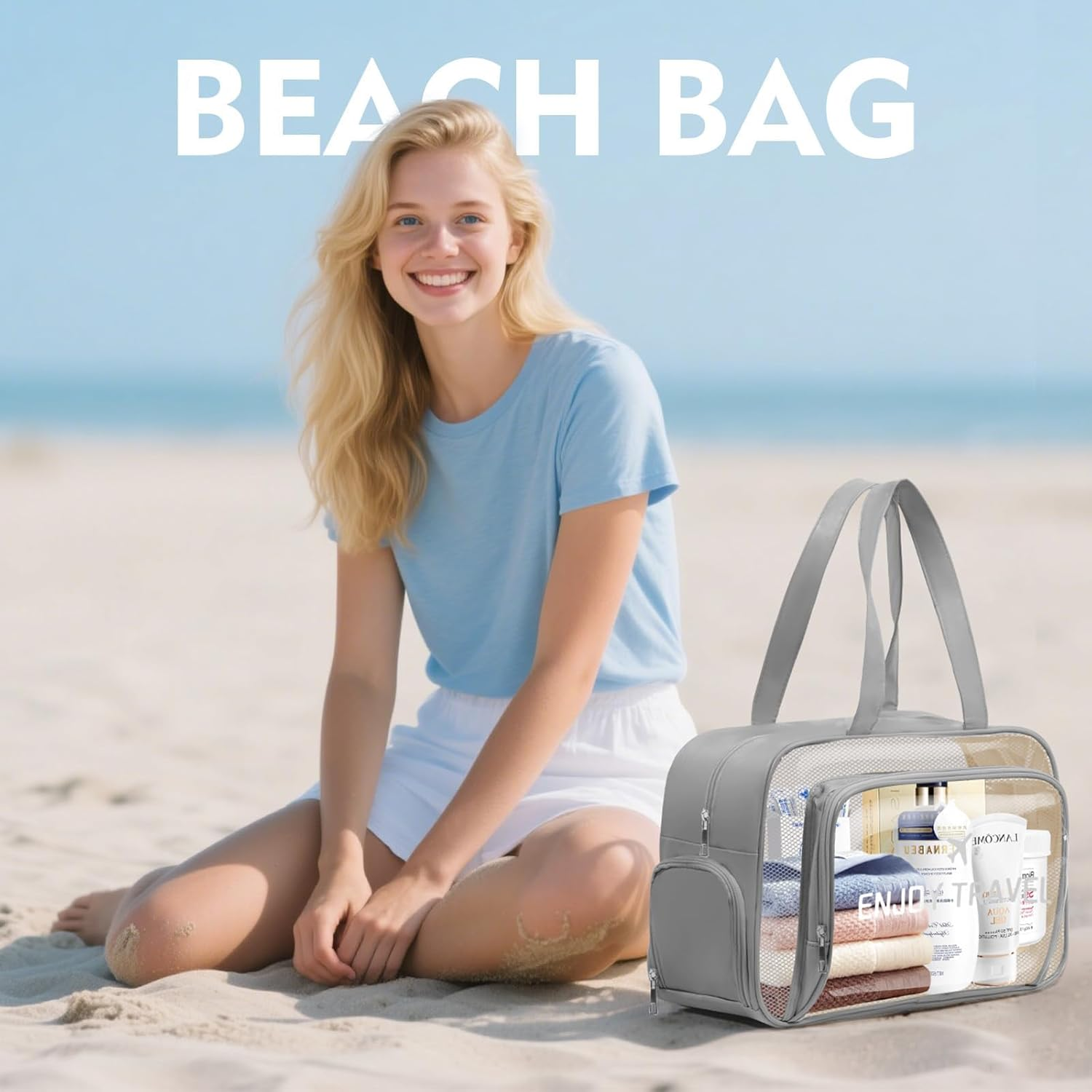 Waterproof Makeup Bag, Large Transparent Handbag, Moisture-Proof, Water-Proof, Sand-Proof, with Shoe Compartment, Suitable for Gyms, Swimming Pools, Beaches and Summer Vacations (Gray) image number 2