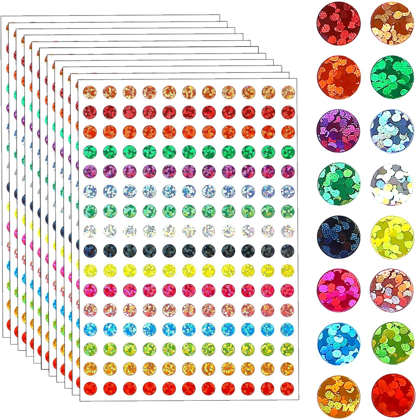 Pack of 3520 Shiny Circle Dot Stickers - 16 Colours Sparkle Coding Labels, Small round Laser Colourful Stickers for Classroom, Office, DIY