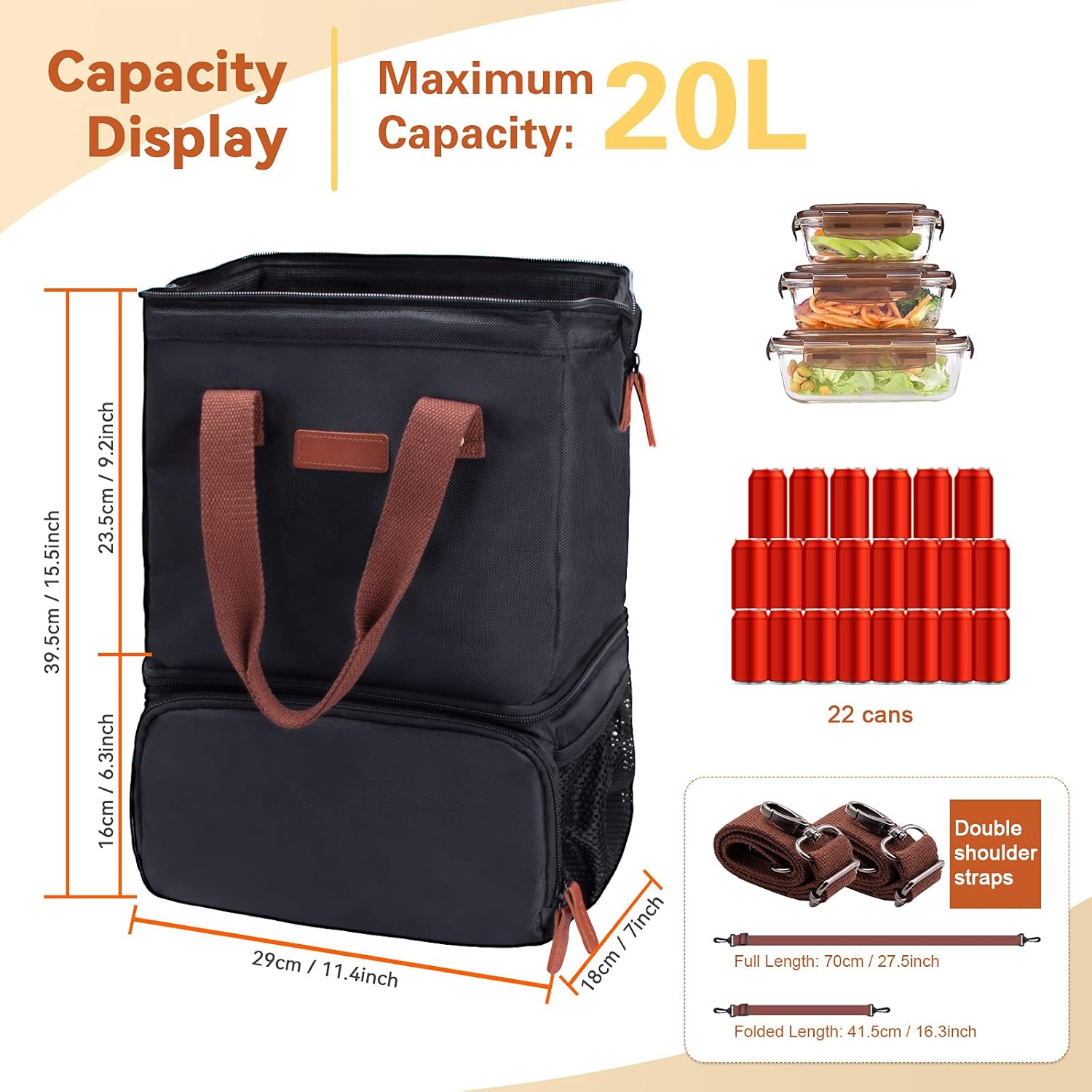 ZATOGOO Cool Bag Cool Backpack 20 L Double Layer Large Cool Bag Thermal Bag Picnic Bag Insulated Bag Waterproof Leak-Proof for Beach, Hiking, Family Trips Black image number 5