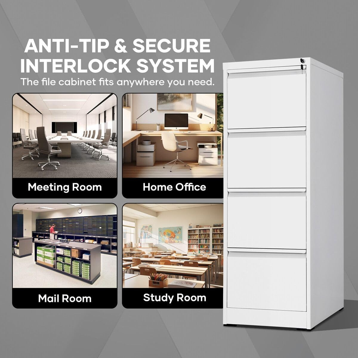 Steel File Cabinet 4 Drawer Metal Vertical Filing Locking Organiser Office Home Storage Cupboard Unit for Letter Legal A4 F4 Documents White image number 1