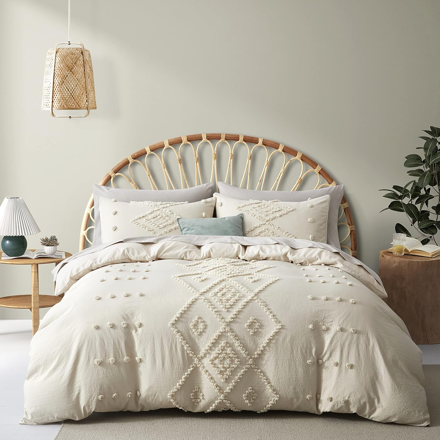 Oli Anderson Tufted Duvet Cover King Size, Soft and Lightweight Duvet Covers Set for All Seasons, 3 Pieces Boho Embroidery Shabby Chic Bedding Set (Beige, King, 104&rsquo;&rsquo; X 90&rsquo;&rsquo;)