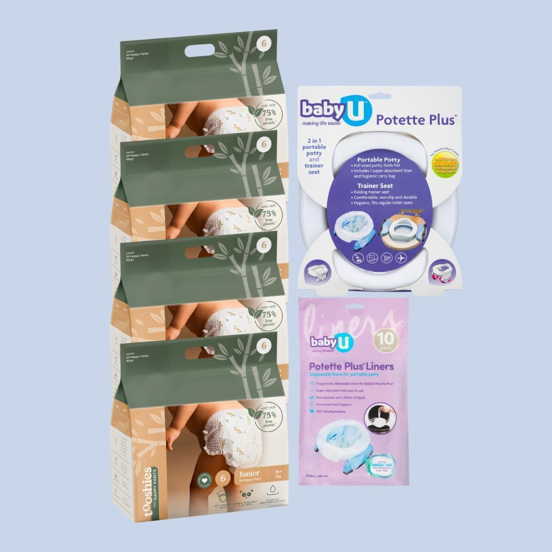 Tooshies Eco Nappy Pants, Size 6 Junior, 104 Count + Babyu Potette plus 2-In-1 Portable Potty + Babyu Potette plus Liner, 10 Count, White image number 5