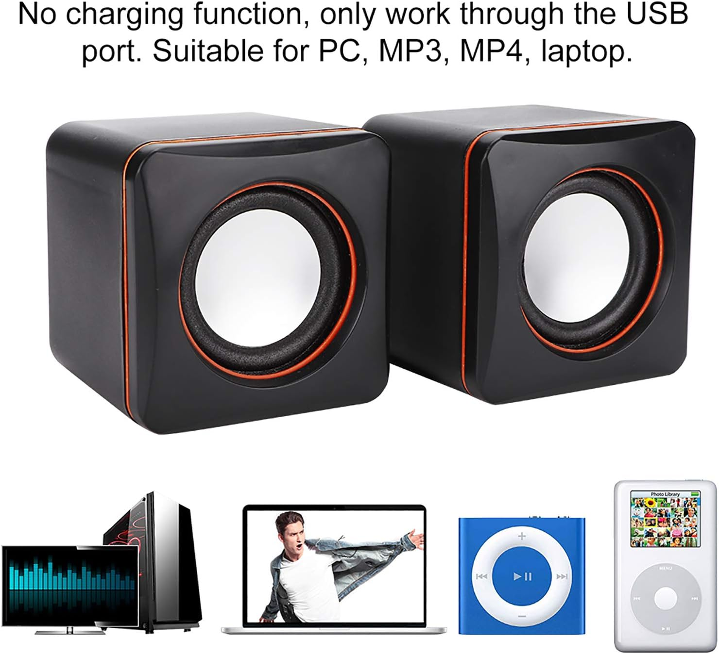 USB Speaker, Black Computer Speaker 3.5Mm Stereo Desktop Mini for Laptop for Computer(Two-Channel) image number 2