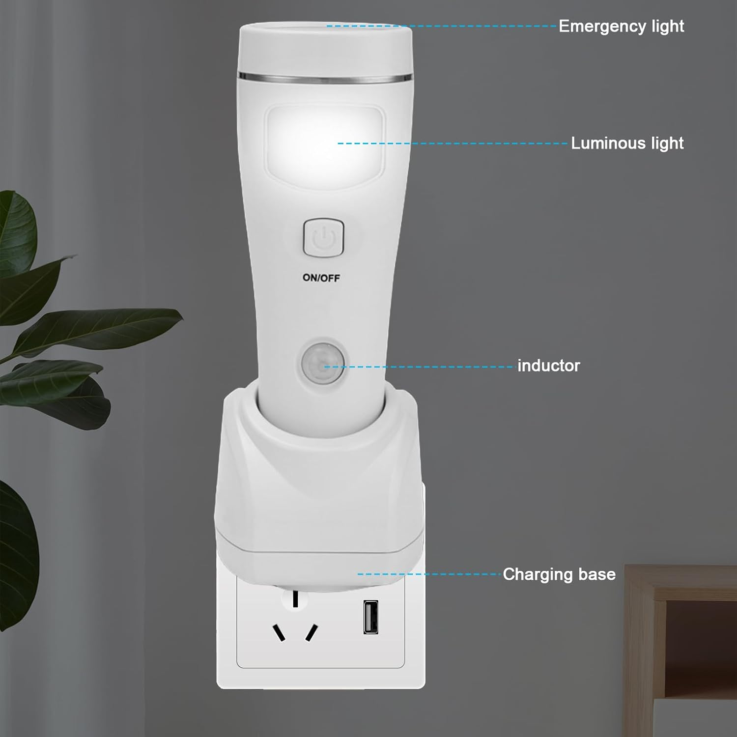 Night Light Torch: LED Plug Induction Torch, Rechargeable Wall-Mounted Sensor Light Torch, Emergency Torch for Power Outages, Emergencies, Indoor and Outdoor Use (White) image number 5