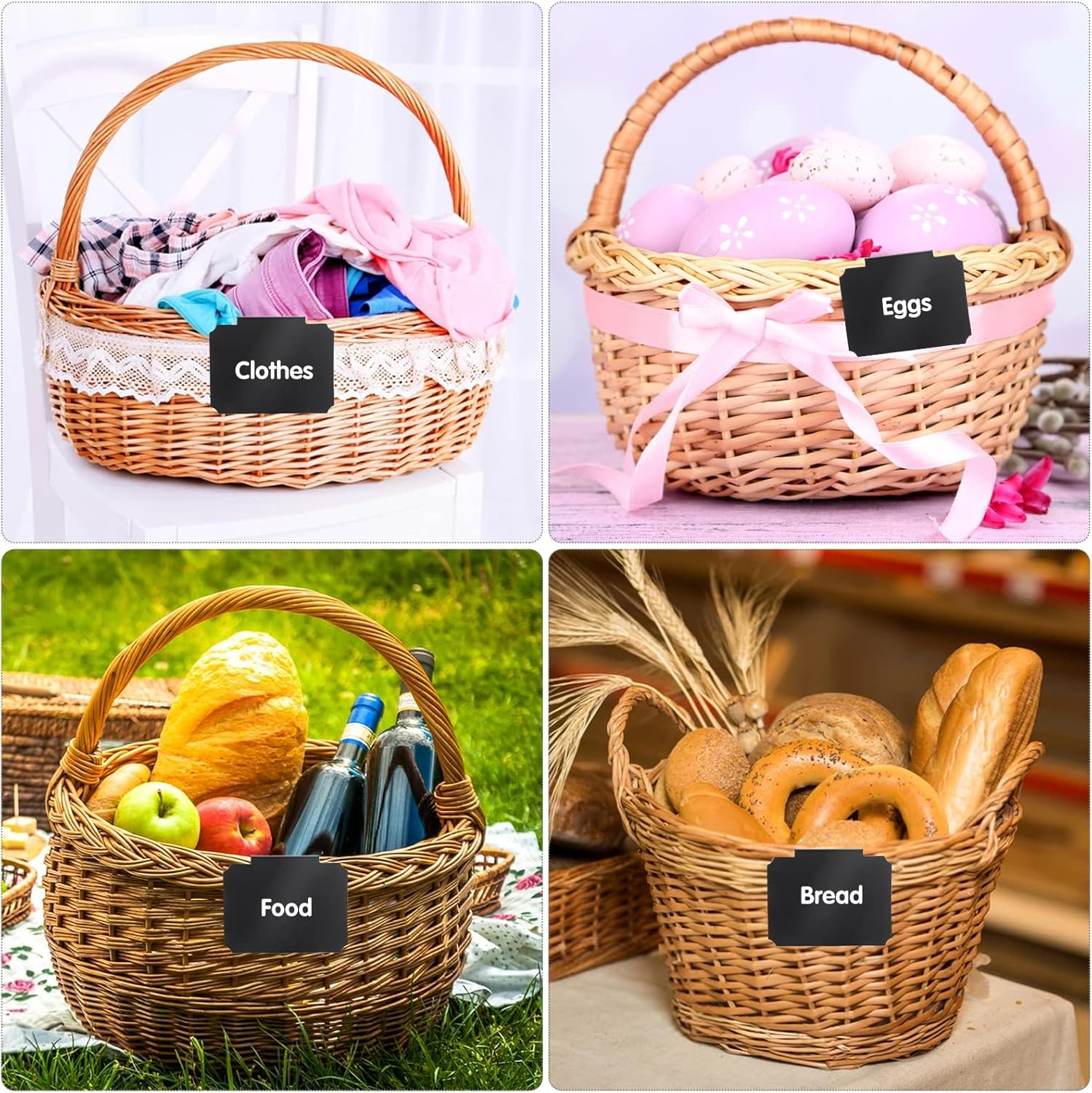 12 Pieces Basket Labels Clip on Set, Include 10 Pcs Kitchen Clip Label Holder Removable Pantry Basket Labels with 2 Pieces White Chalk Marker for Storage Bins Organization Box (Black)