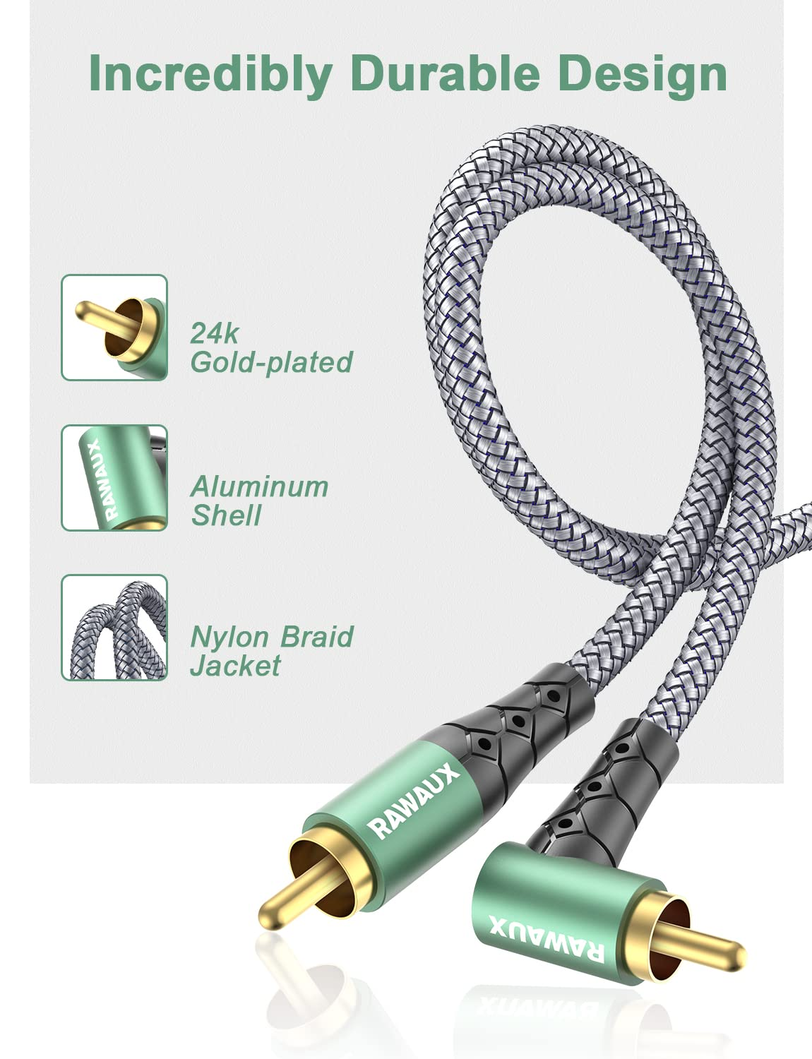 RAWAUX 90 Degree Angled RCA Audio Cable - 2M, Right Angle Subwoofer Cable for Amplifier, Speaker, Soundbar, Home Cinema and Hifi Systems