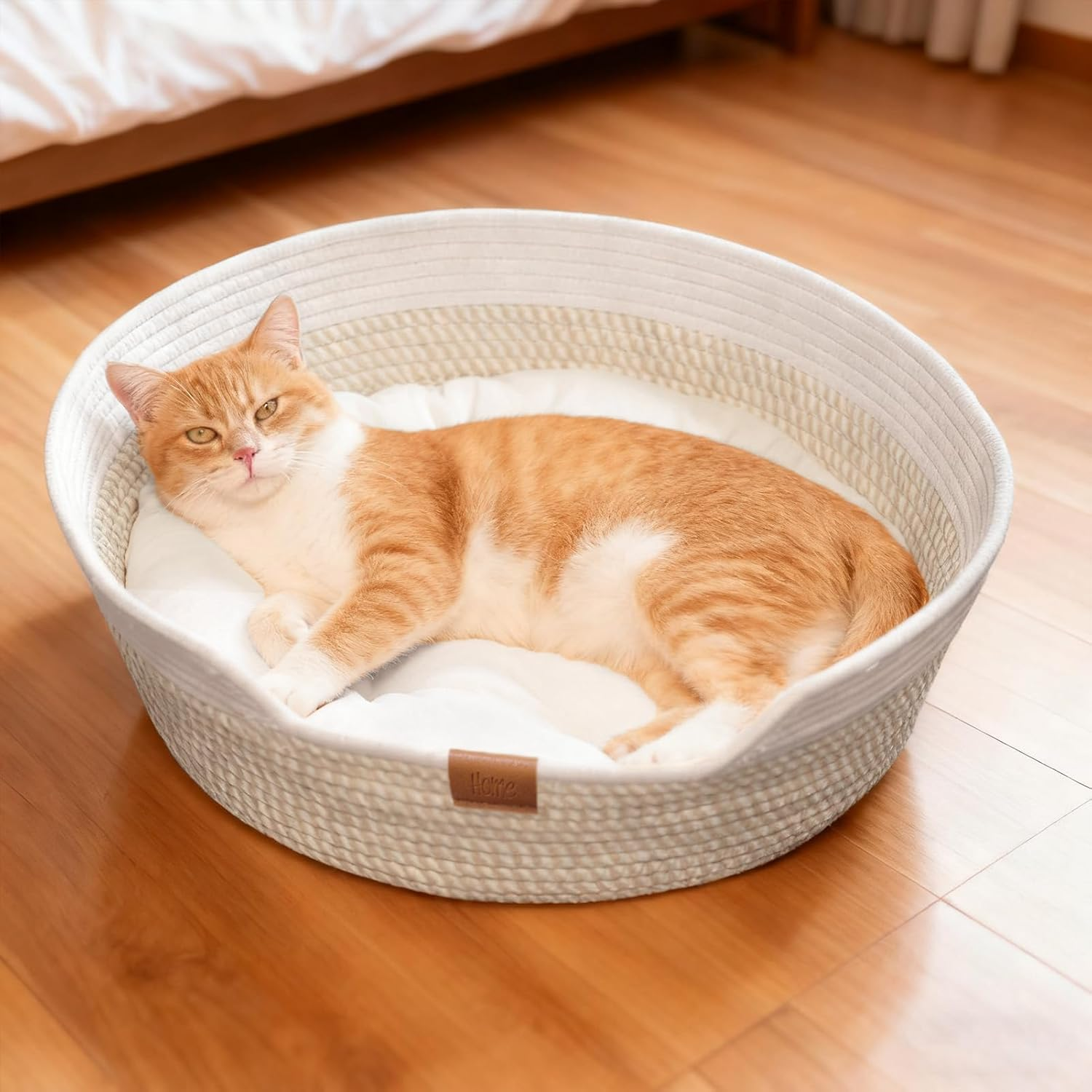 Yushengtai round Cat Bed, 50 Cm, Hand-Woven Basket Made of Cotton Ropes with Soft Cushion, Breathable and Washable for All Seasons, Ideal for Cats and Small Dogs, Beige image number 2