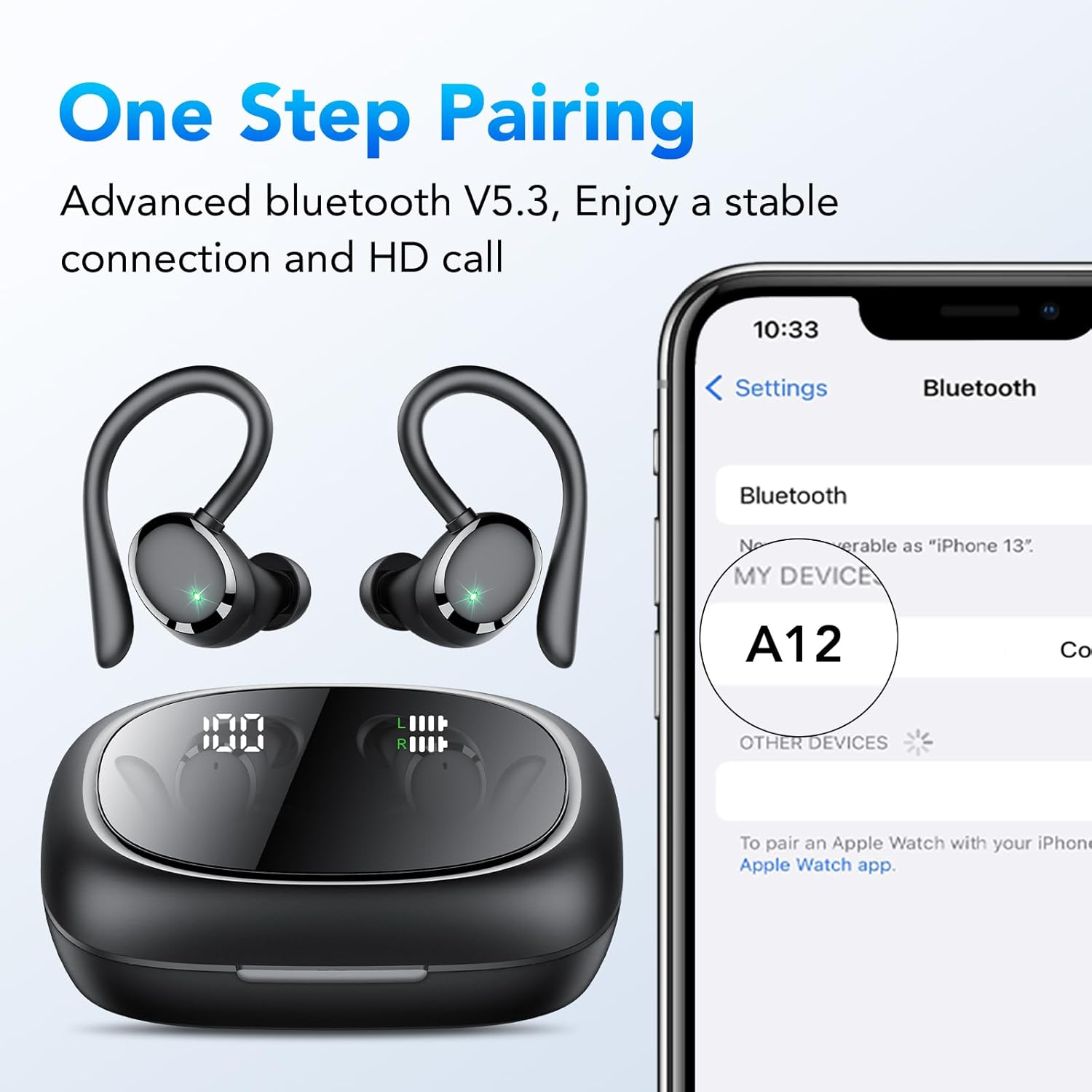 Wireless Earbuds, Bluetooth 5.3 Headphones with Earhook, 72Hrs Playtime, 4 ENC Noise Cancelling Mic, Deep Bass, LED Display, IP7 Waterproof,Over Ear Buds for Workout, Travel, Sport, Dark Black image number 2