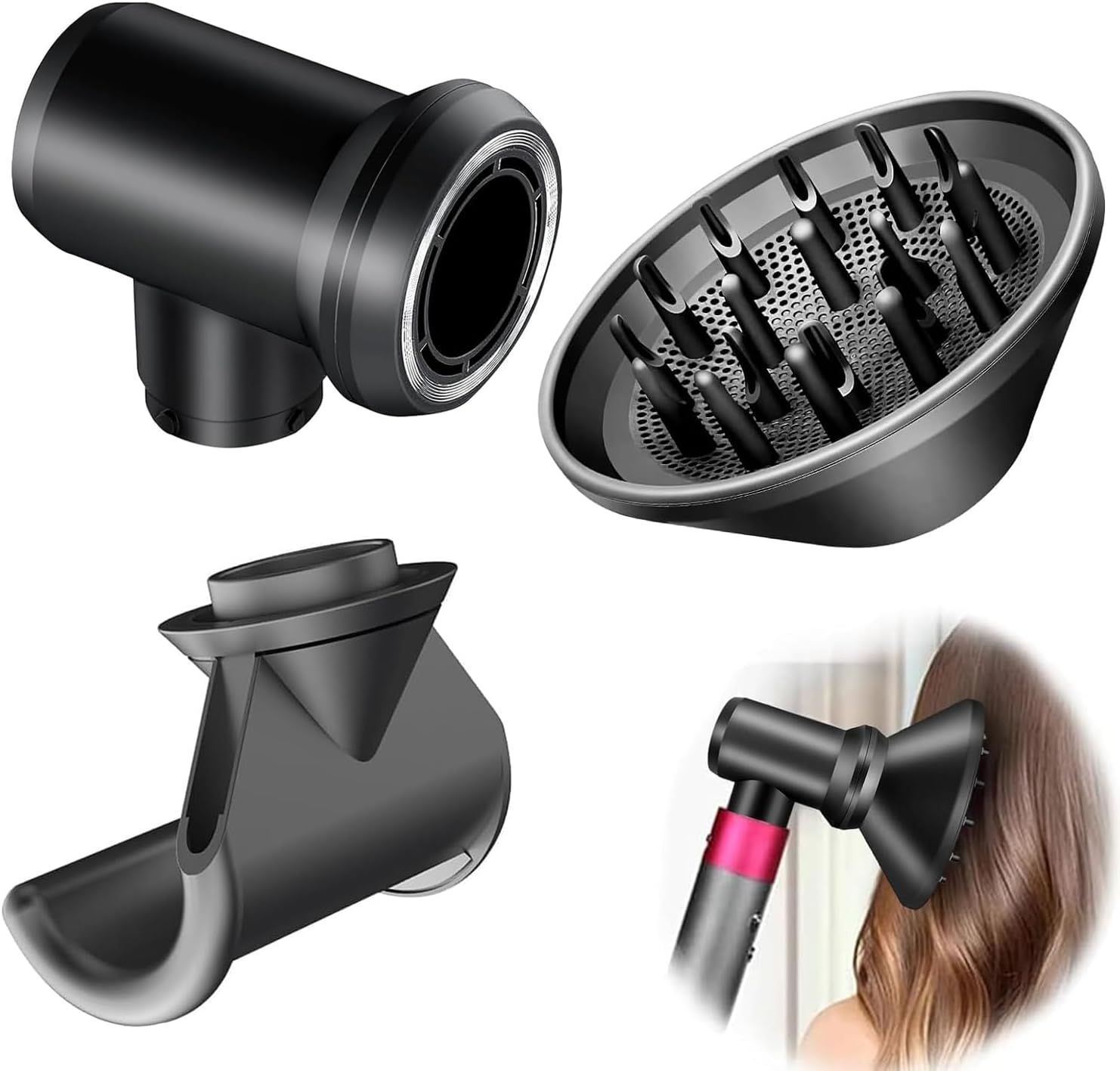 3 PCS Universal Attachment for Dyson Hair Dryer, Professional Styling Tool for Dyson Airwrap Styler HS01 HD08, Contains Adapter, Hair Dryer Diffuser Nozzle and Anti-Flying Nozzle