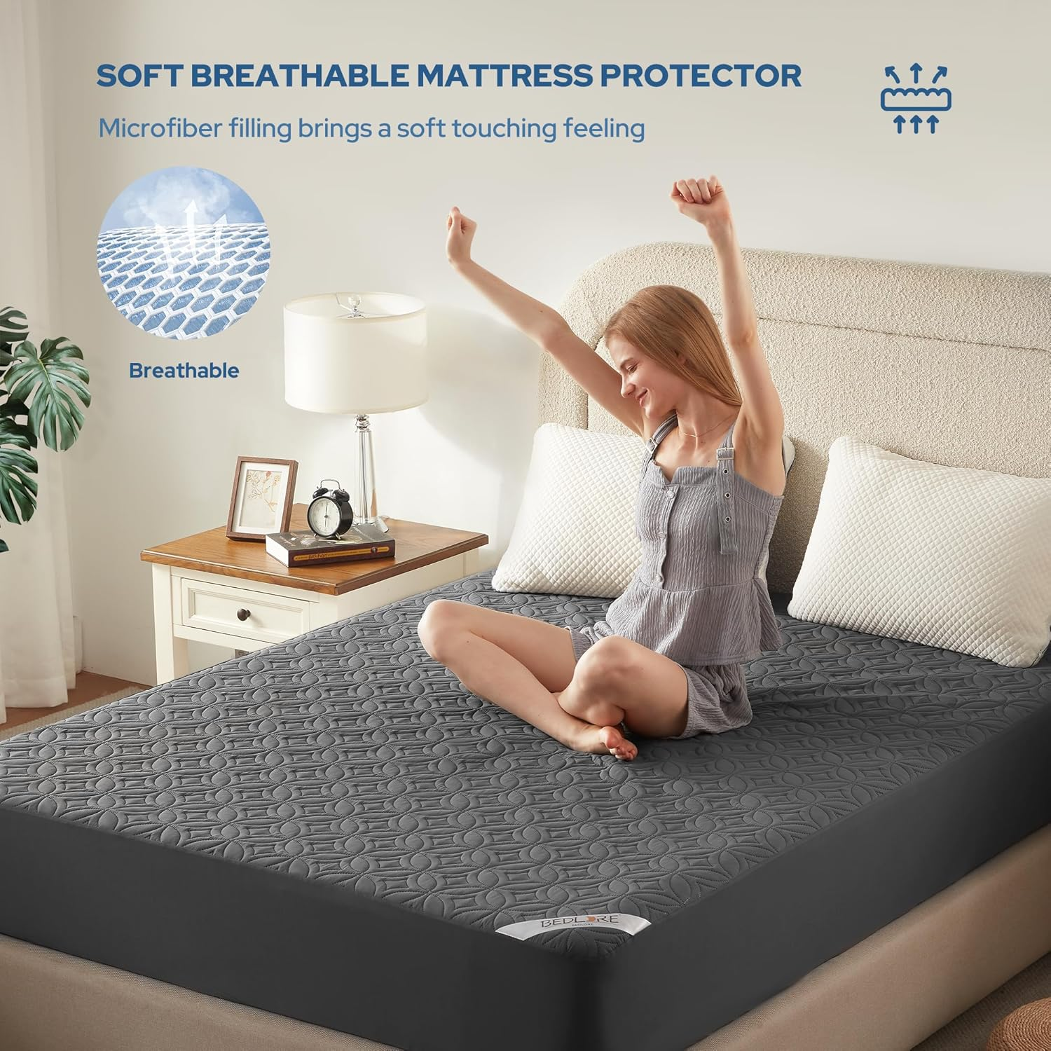 BEDLORE Waterproof Mattress Protector, Queen Size Mattress Cover with Deep Pocket Fitted up to 15-45 Cm, Breathable Noiseless Mattress Pad for Home, Bedroom - Machine Washable