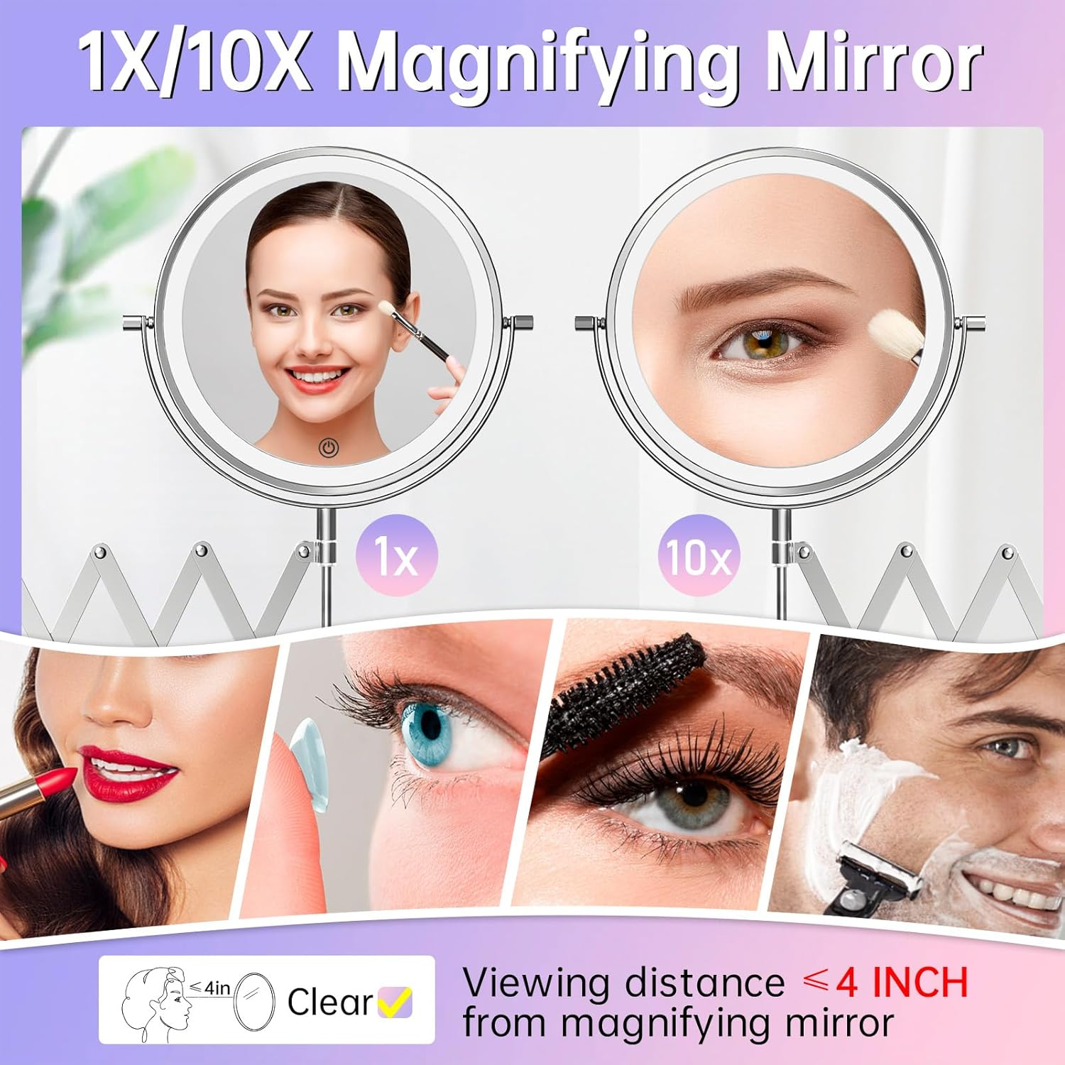 Famihomii Wall Mounted Bathroom Makeup Mirror with Lights, Rechargeable 8 Inch 1X/10X Double Sided Magnifying Mirror with 360&deg; Swivel Bathroom Extendable Arm, Telescoping Mesh Shaving Mirror - Chrome image number 2