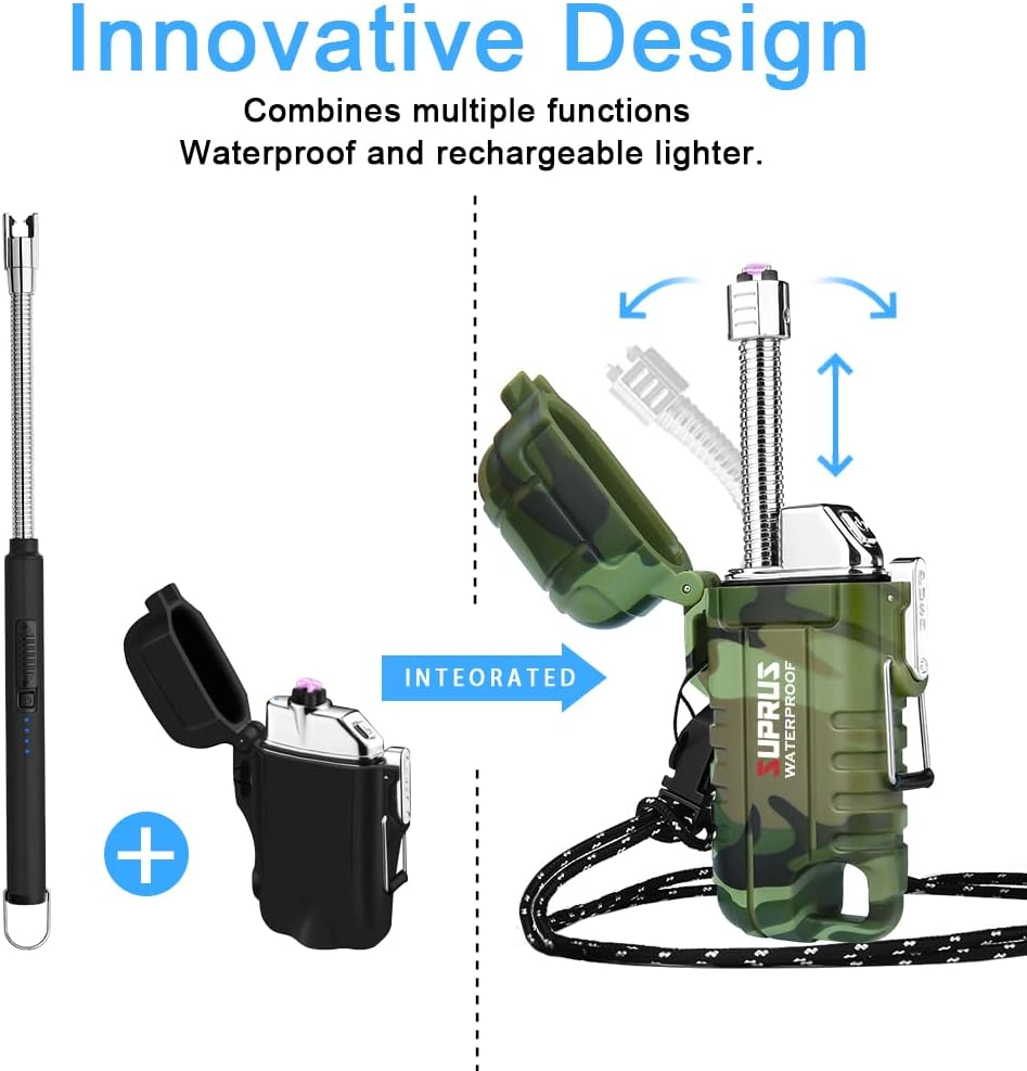 SUPRUS Waterproof Lighter Windproof Lighter Arc Plasma Lighters USB-C Rechargeable with Expandable and Flexible Neck for Outdoor, Camping & Kitchen (Camouflage) - Blue image number 7