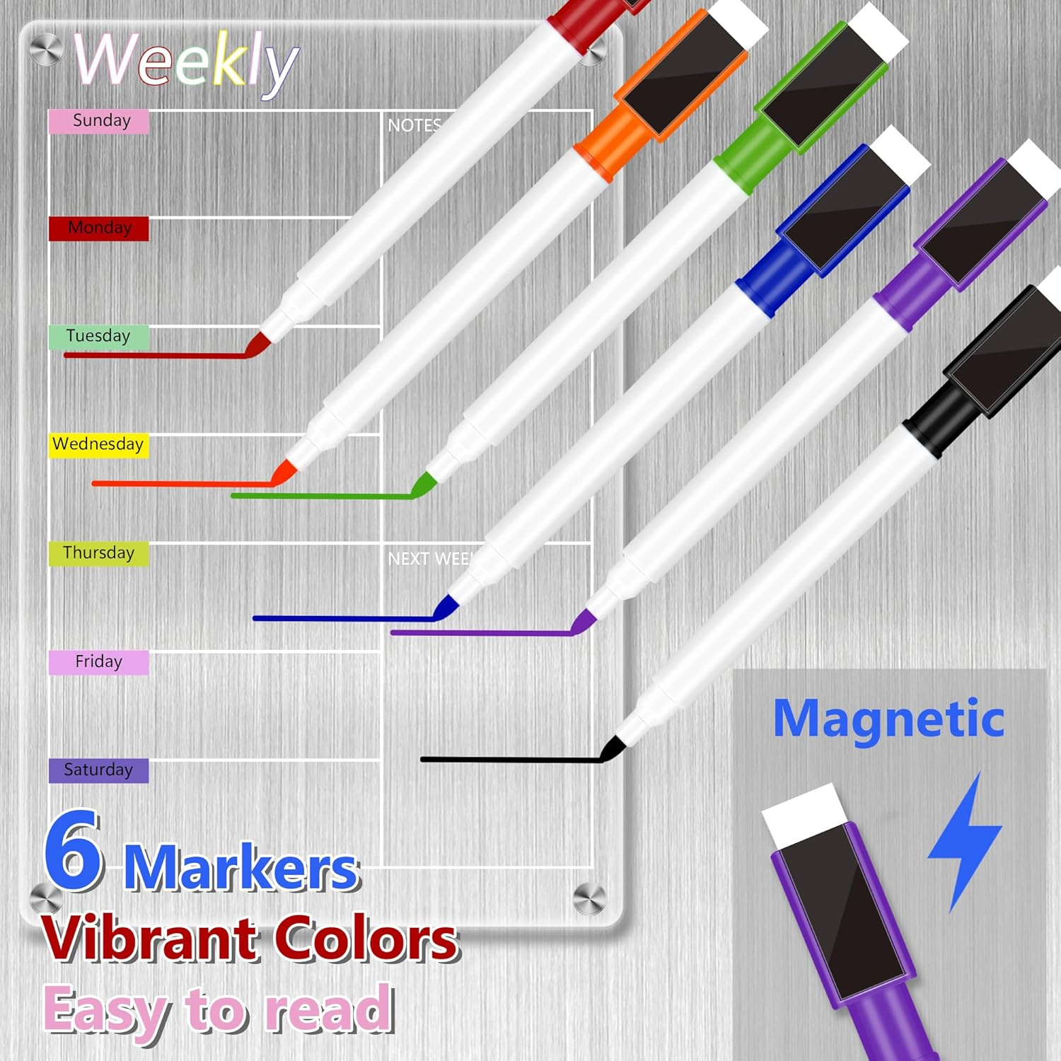 Zenbeya Clear Acrylic Meal Planner for Fridge, Magnetic Menu Board for Kitchen, Colorful Calendar Weekly Dry Erase Board for Refrigerator with 6 Magnet Markers & Eraser & Pen Holder (20X30Cm) image number 3