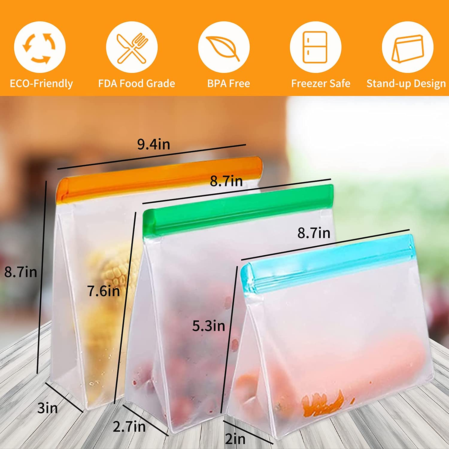 Reusable Food Storage Bags 10 Pack - Stand up Leakproof Bags for Kitchen, 2 Gallon + 4 Sandwich + 4 Snack Freezer Bags for Meat, Fruit, Cereal image number 3