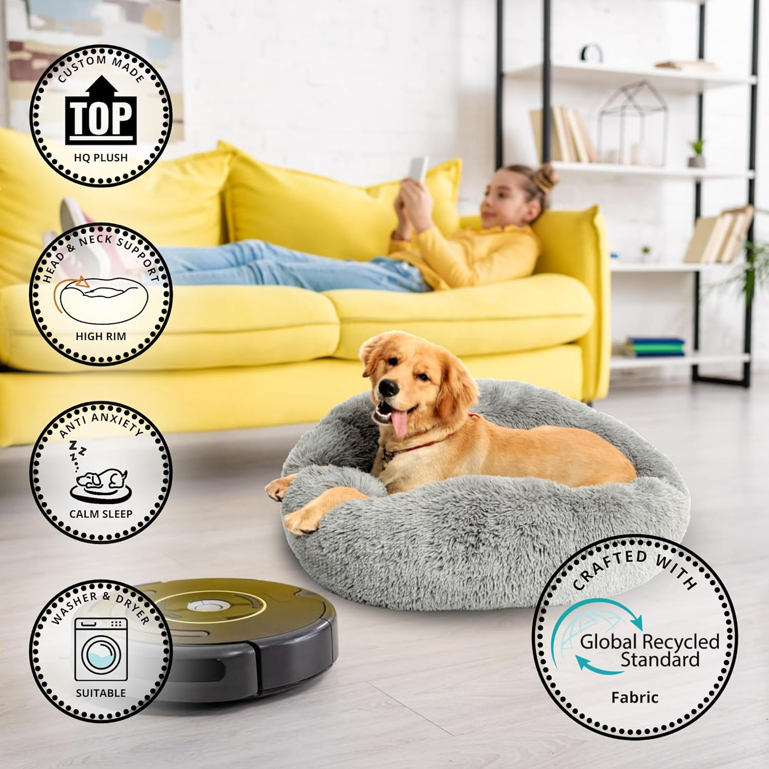 Calming Dog Bed and Cat Bed, Donut Dog Bed Large, Recycled (GRS) Material, Extra Long Plush, Fuller Bolster and Cushion, Anti-Slip Bottom, Machine Washable Dog Bed [Large/Gy] image number 2