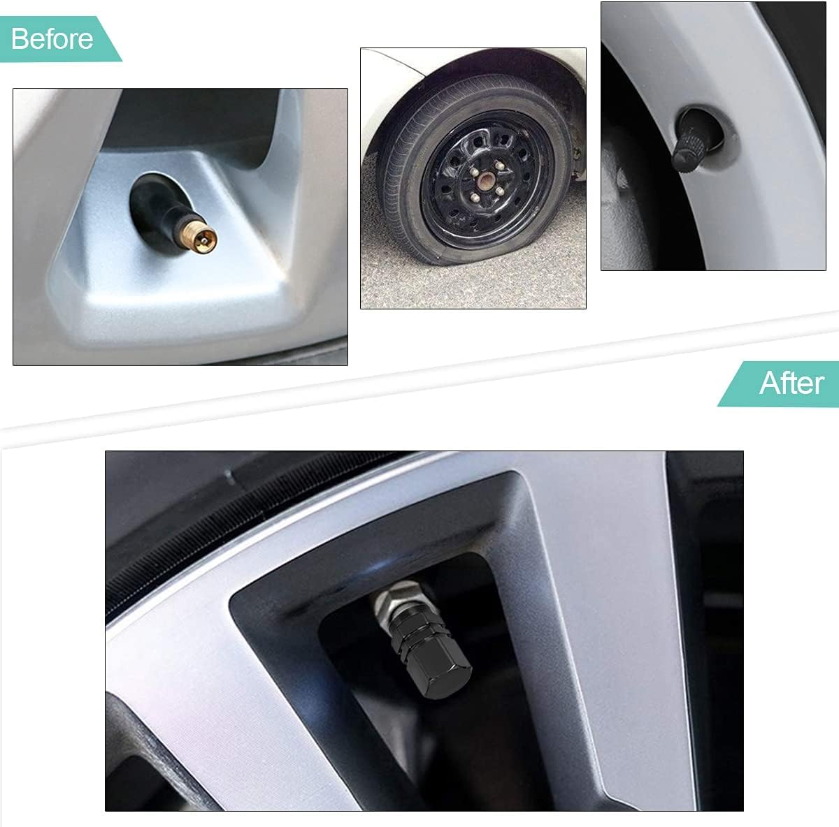 4 PCS Tire Stem Valve Caps Wheel Valve Covers Car Dustproof Tire Cap, Leak-Proof Air Protection Fits Cars, Trucks, Bikes, Motorcycles, Bicycles, Hexagon Shape Design (Black) - Gold image number 2