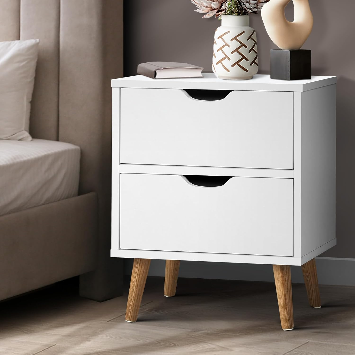 Oikiture Bedside Table with 2 Drawers, Wooden Side Table Nightstand Storage Cabinet White