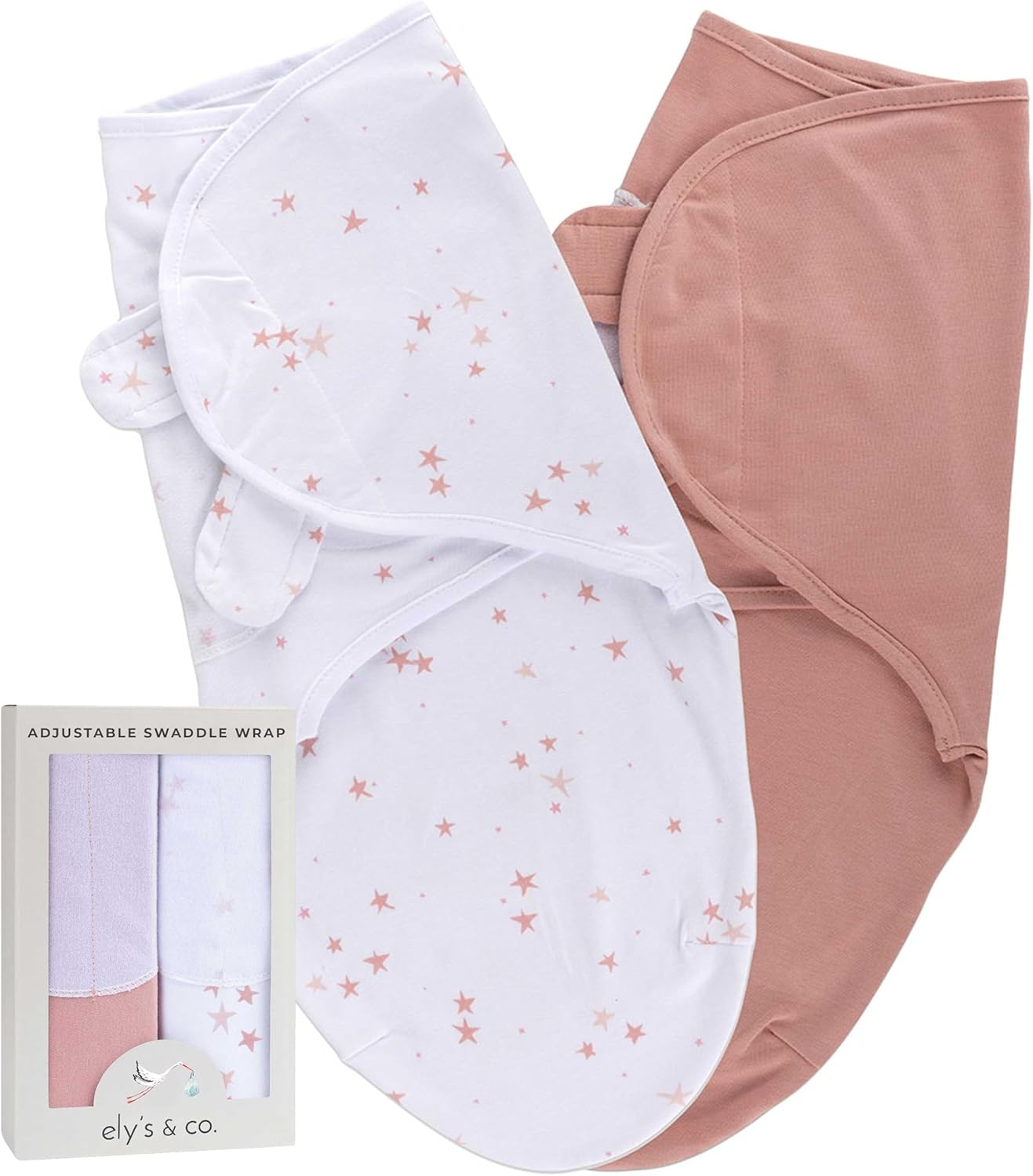 Ely'S & Co. 2 Pack Cotton Swaddle Blanket - Newborn Swaddle 0-3 Months, Newborn Essentials (Mauve Pink Stars & Solid Dusty Rose)