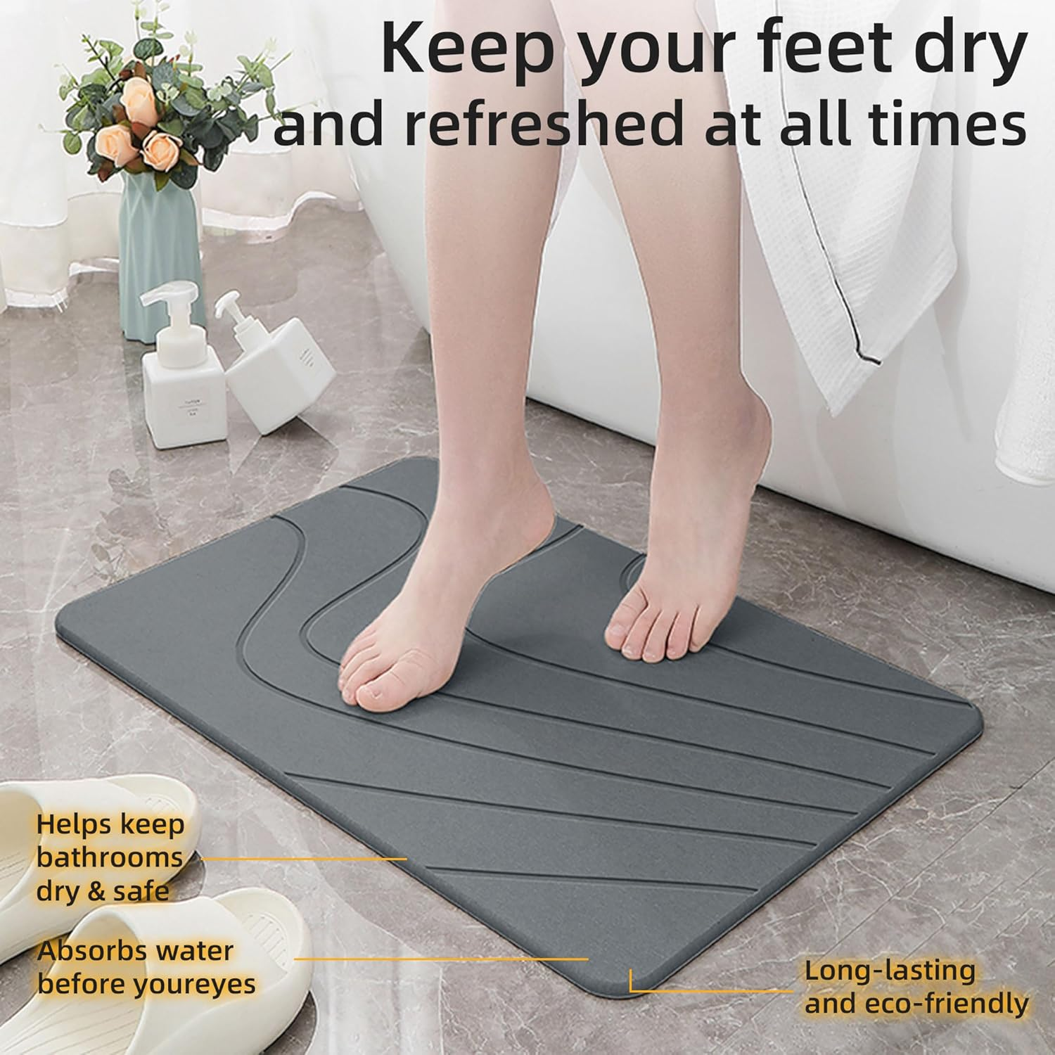 Stone Bath Mat, Diatomaceous Earth Shower Mat,(23.6" X 15.4") Non-Slip Super Absorbent Quick Drying Bathroom Floor Mat, Natural-Elegant & Modern Design, Easy to Clean (Striped Dark Gray) - Round Dark Gray image number 3