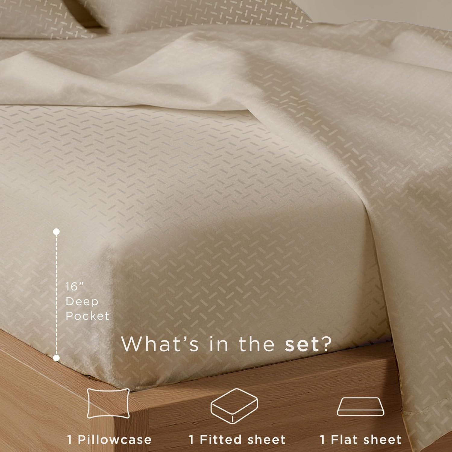 (Twin XL, Astra Beige) - 300 Thread Count Astra Jacquard Collection 100% Cotton Sheets 3 Piece Bedsheet Set, Luxury Bedding All around Elastic Fits Mattresses up to 46Cm Deep Pocket Smooth Sateen Twin XL Size Beige image number 2