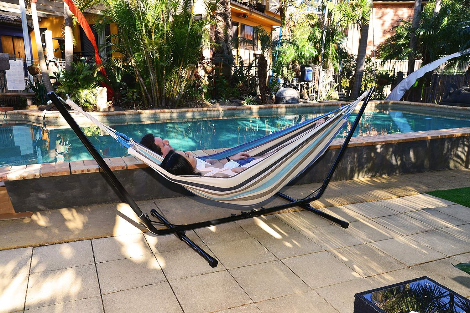 Two Trees Double Hammock Kit - Black Metal Hammock Stand and Blended Cotton Double Hammock and Pillow - 200Kg Weight Capacity - 220Cm X 160Cm - Striped Charcoal Grey image number 2