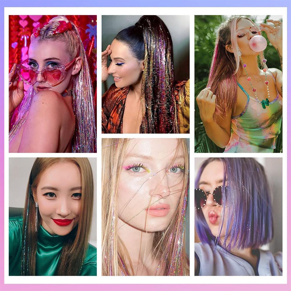 Aufondof Hair Tinsel Kit 12 Colors, 2100 Strands 47 Inches Sparkling Tinsel Hair Extensions with Tool, Glitter Bling Synthetic Hair Streaks for Birthday Halloween Christmas New Year Party image number 3