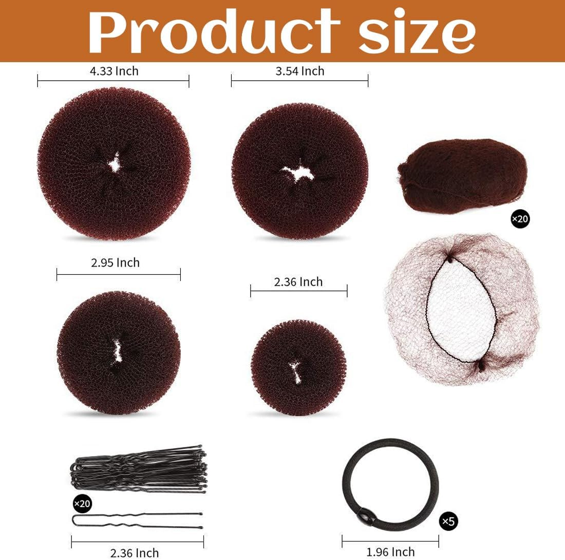 49-Piece Doughnut Hair Bun Maker Set, 4 Pieces Bun Cushions, 20 Invisible Hair Net with 5 Elastic Hair Bands and 20 U-Shaped Hairpins, Bun Pillow Hairstyle Aid Set, Doughnut Hair Bun Maker Set image number 3
