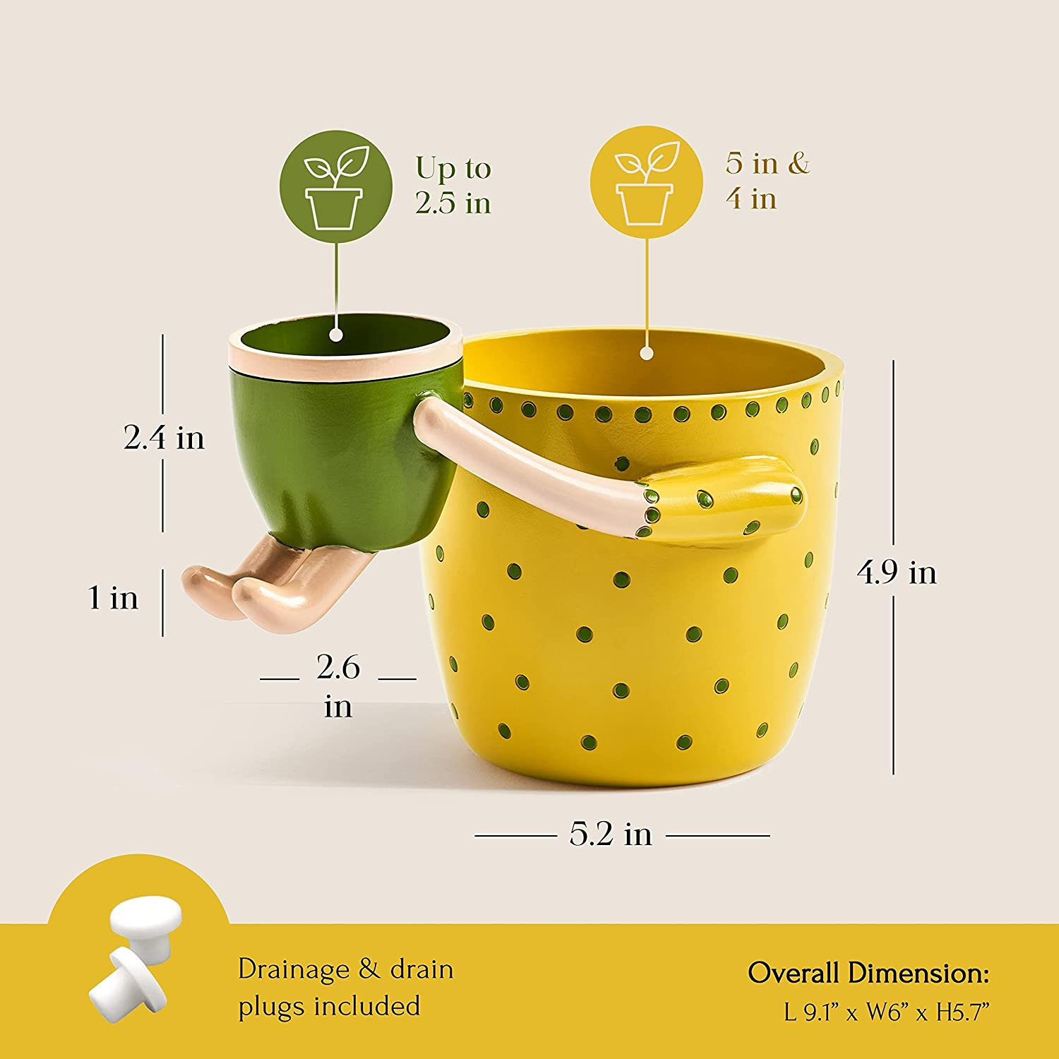 VIRTUNE Adorable Indoor Plant Pots. 5" Flower Pot & 2" Small Succulent Pot with Drainage. Indoor Planters, Small Plant Pots Indoor, Cute Pots for Indoor Plants, Succulent Planter (Light Yellow) image number 2
