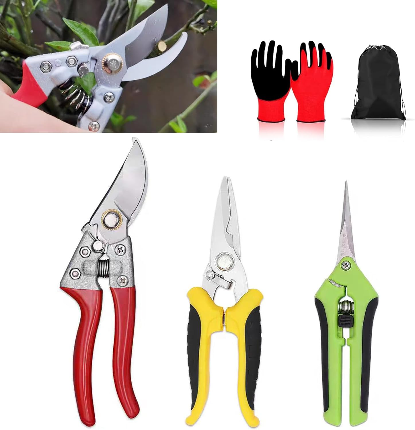 5 Pack Garden Shears Set with High-Carbon Steel Sharp Pruning Shears, Straight Fruit Picking Scissors and Serrated Electrican Scissors, Gardening Gloves & a Storage Bag image number 2