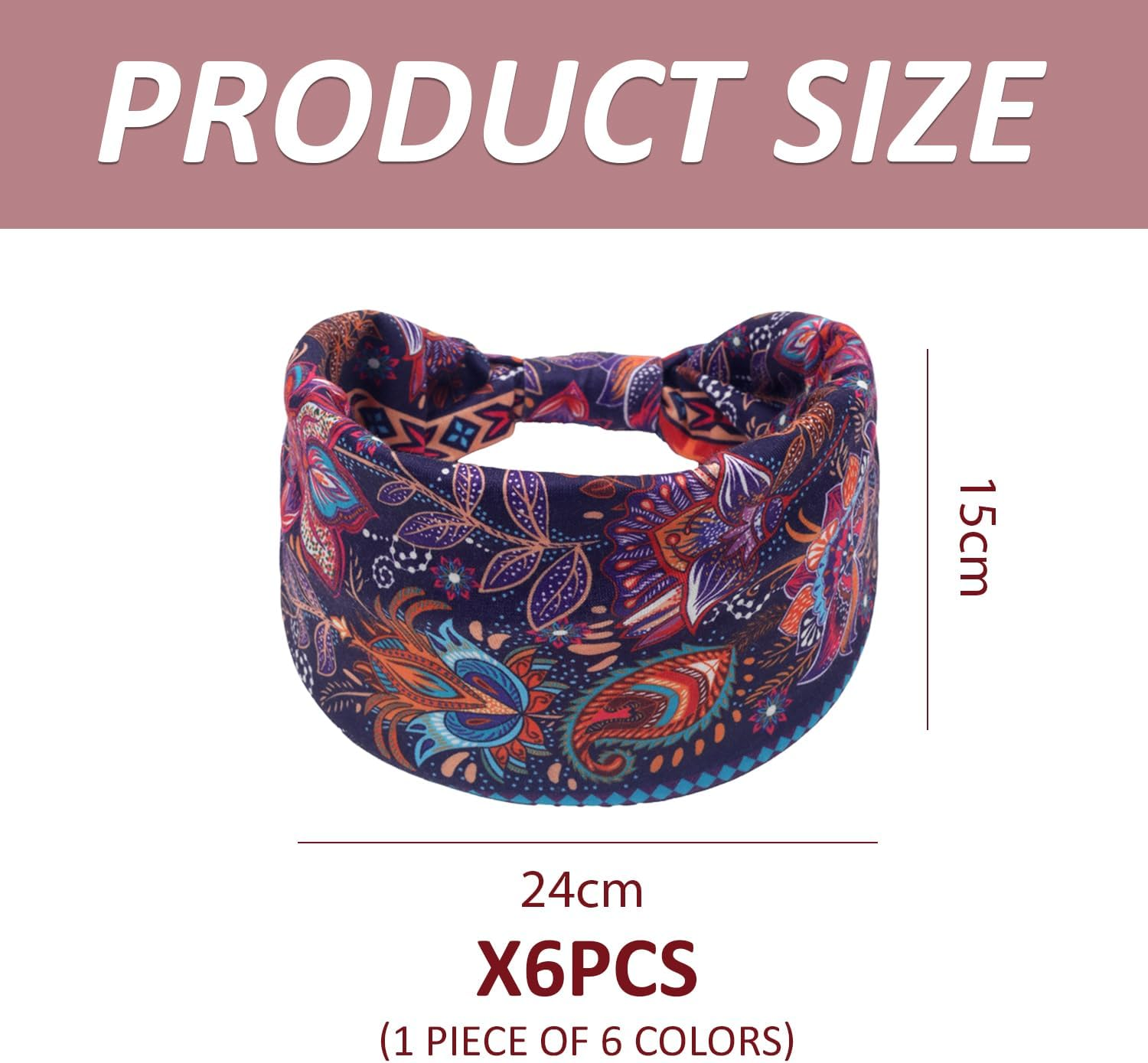 Pack of 6 Stretch Headbands, Retro Printed Headband, Wide Cut Hair Accessories, Sporty Sweat-Absorbing Headband image number 4