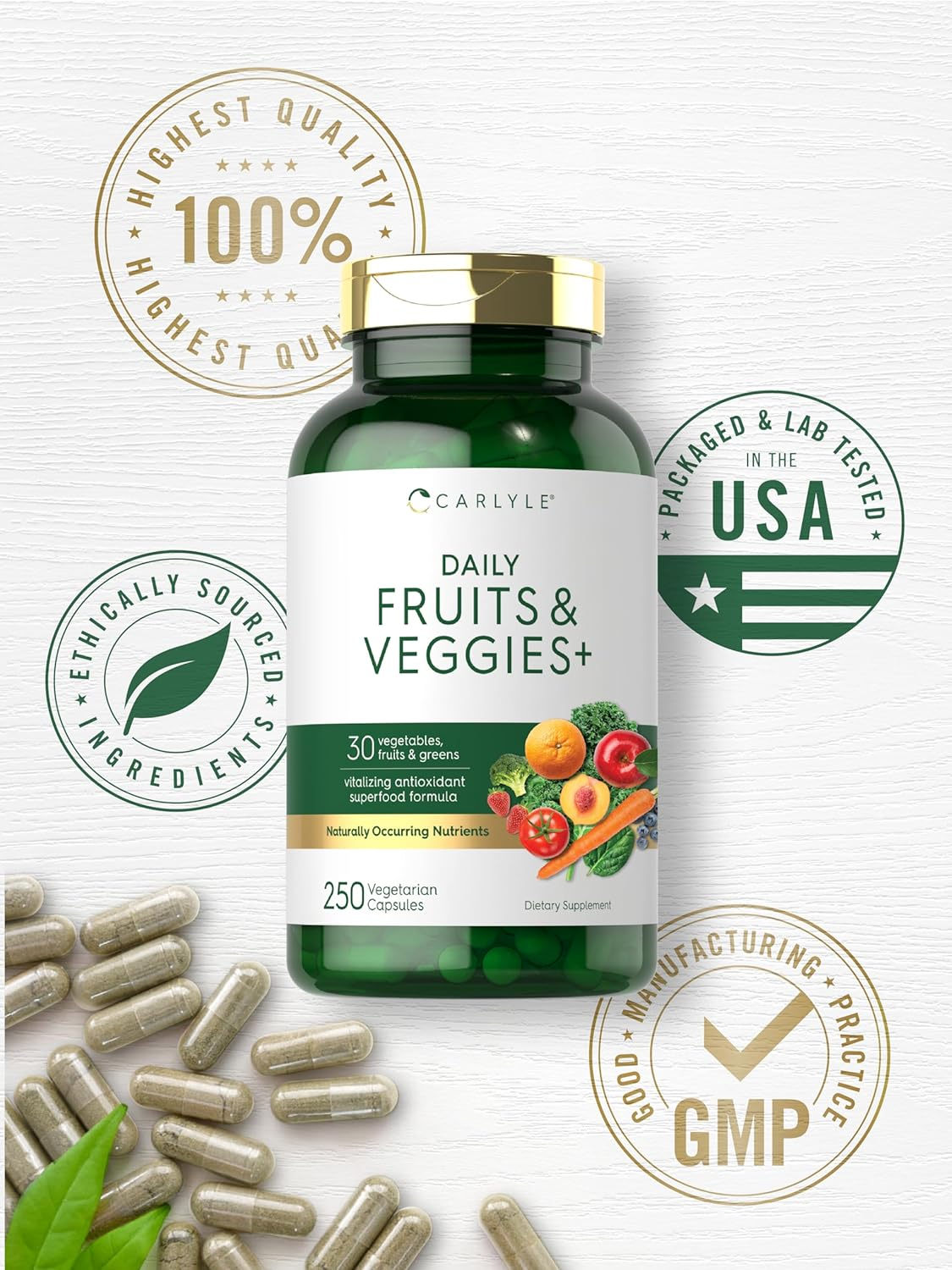 Fruits and Veggies Supplement | 250 Capsules | Made with 32 Fruits and Vegetables | Vegetarian, Non-Gmo, Gluten Free Superfood Formula | by Carlyle image number 4