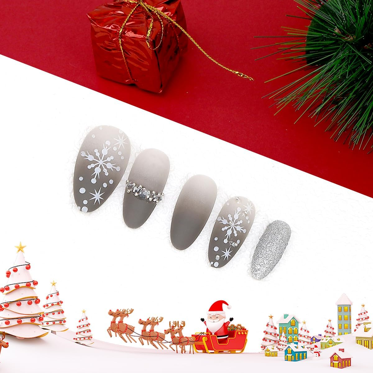 Vhxmaizxn Christmas Press on Fake Nails Full Cover Acrylic Nail False French Snowflake Grey Gradient Glitter Rhinestone Natural Matte Oval Women Girl Manicure with Gel 24 Pcs