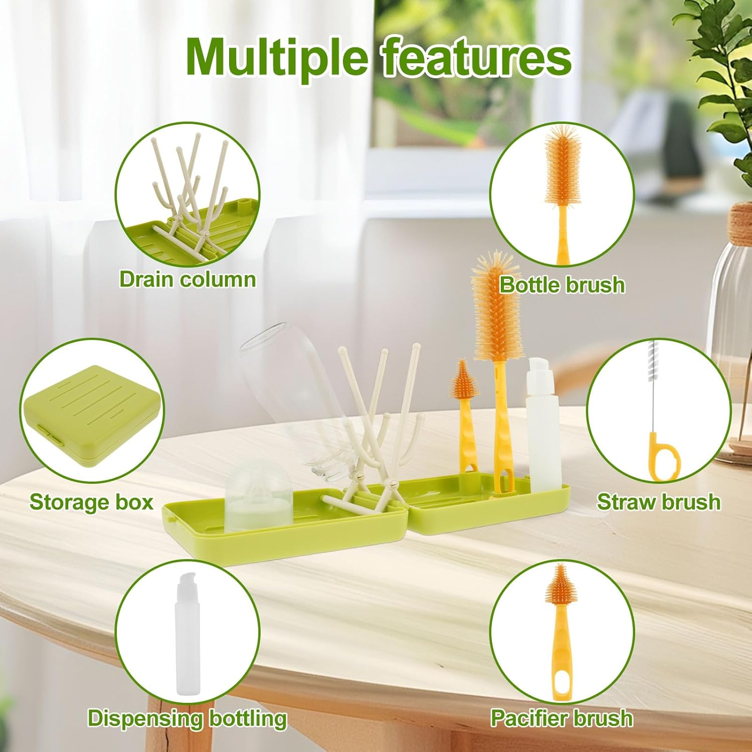 Baby Bottle Brush Kit - Stable Bottle Cleaning Kit Easy to Use Baby Bottle Cleaning Tool Portable Traveling Bottle Cleaner Kit Versatile Baby Bottle Cleaner Brush Set for Babies (Green) image number 6
