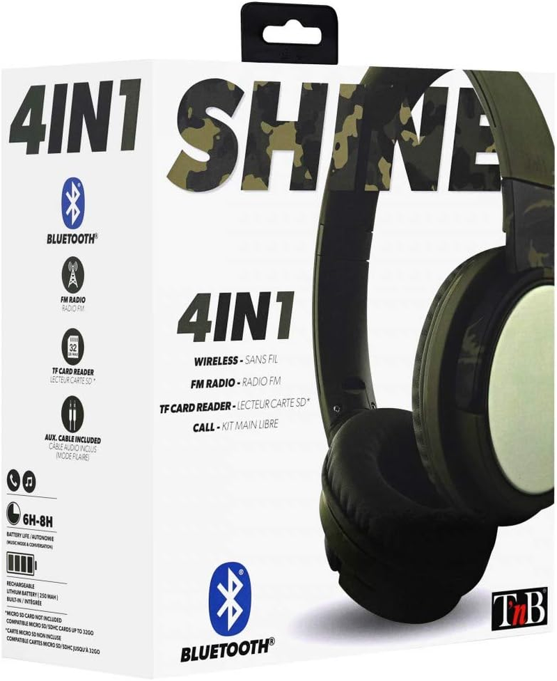 T'Nb Shine 2 4 in 1 Wireless Wired Headphones SD Card Reader FM Radio Camo image number 2