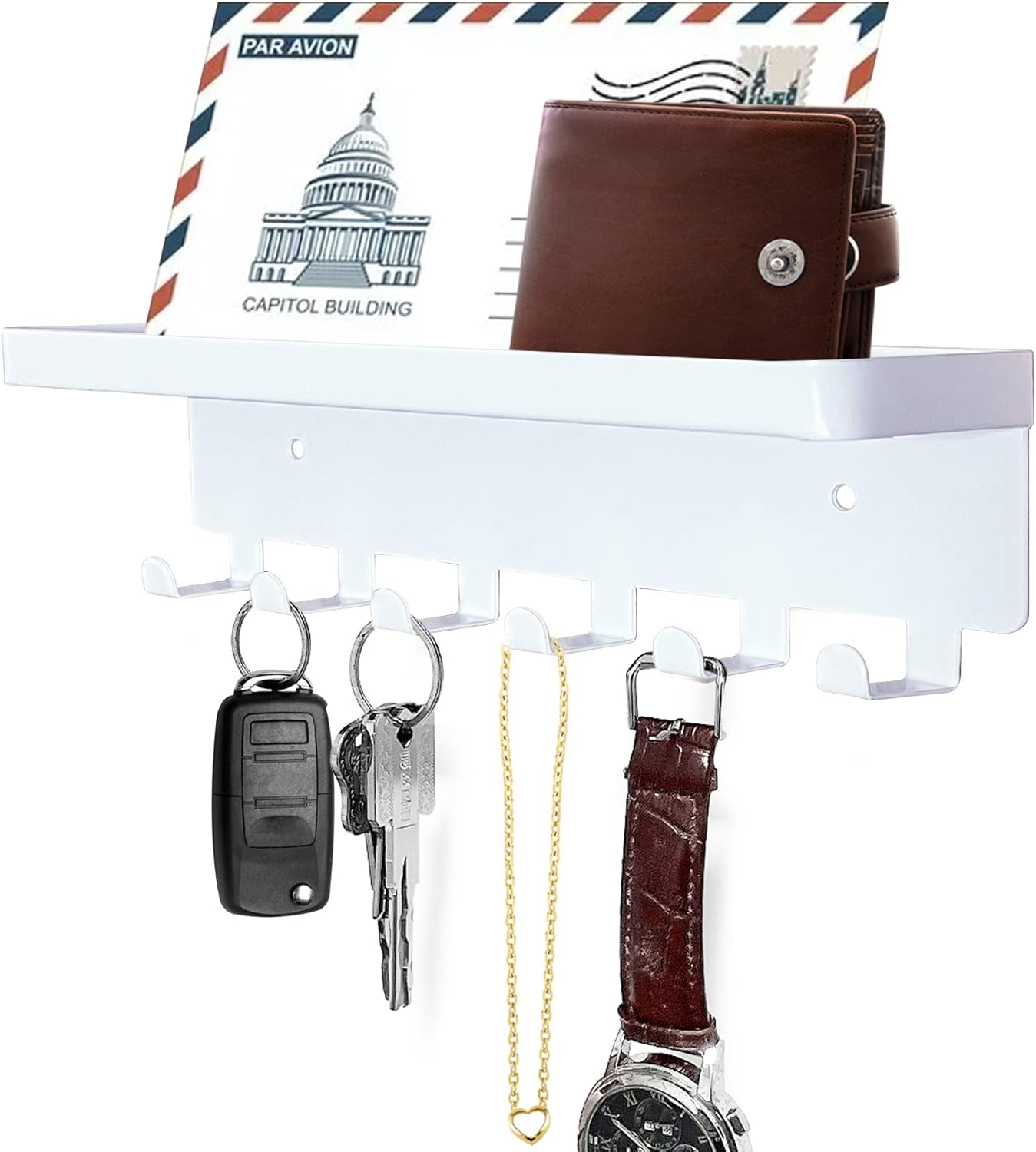 GTK Key Holder for Wall, Key Hooks with Tray and 6 Hooks, Wall Mounted Key Holder for Hallway, Key Rack with Shelf for Mail Storage (White) image number 4