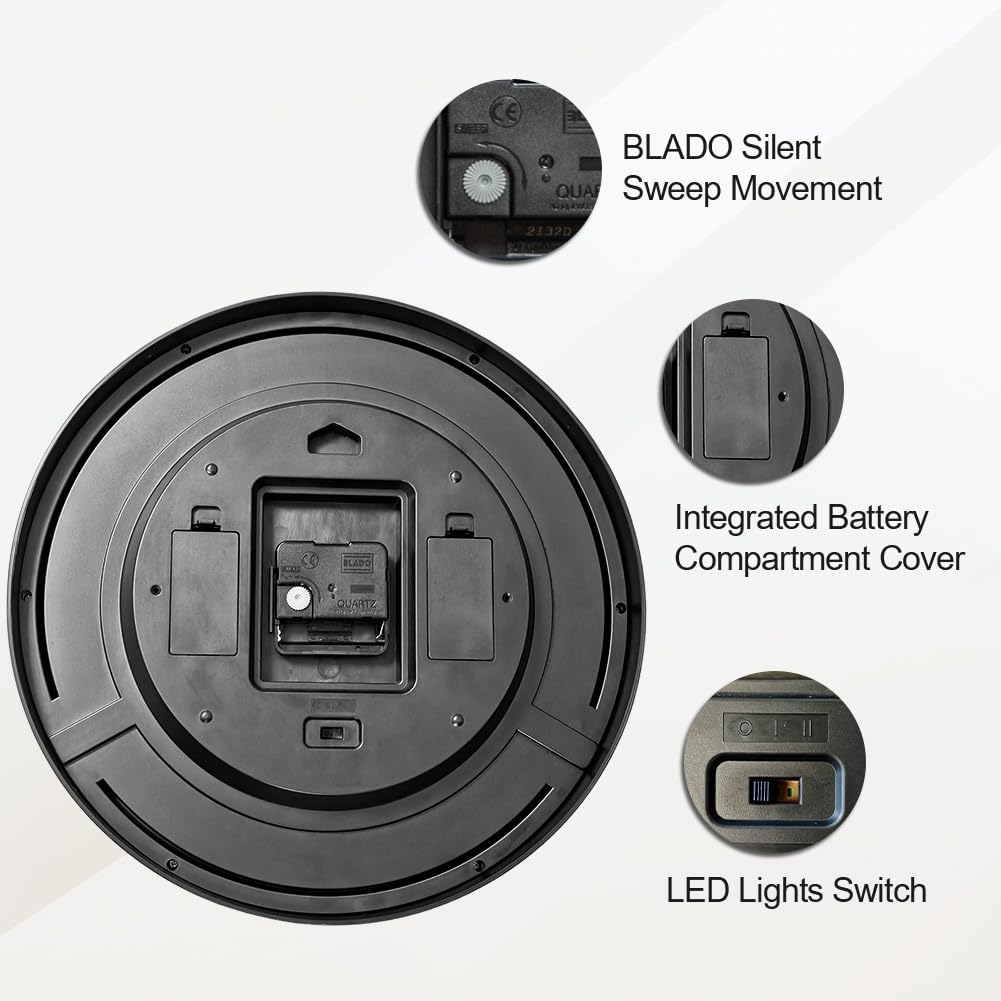 Eyotto Night Light Wall Clock for Bedroom, Illuminated Wall Clocks Battery Operated Glow in the Dark Lighted Clock for Bedroom, Living Room, Kitchen, Office, Easy to Read Large Display, 12Inch image number 3