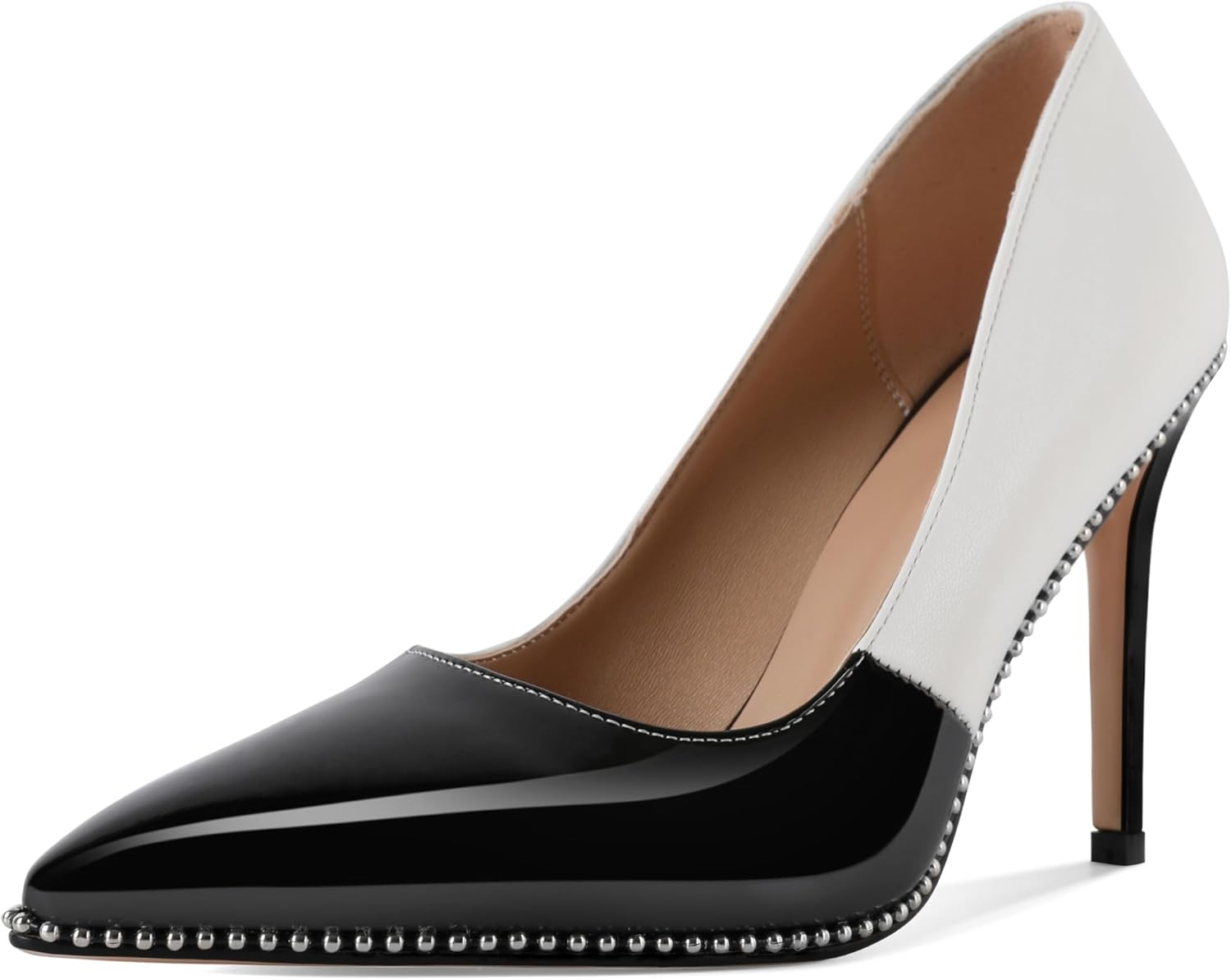 SAMMITOP Women Beaded Pumps Closed Pointed Toe High Heel Slip on Stilettos 3.5 Inch Sexy Heeled Dress Shoes Patent Leather