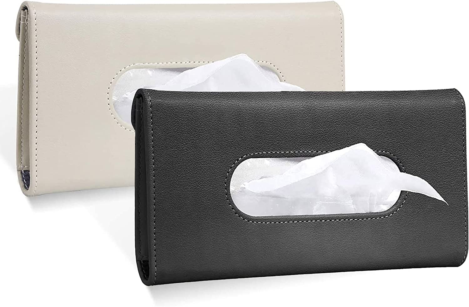 Car Tissue Holder - Multipurpose Car Visor Tissue Holder Leather Hanging Paper Towel Holder Fashion Car Sunshade Napkin Holder Durable Car Accessories Easy Install Suitable for Most Cars(1 Black+1 Beige)
