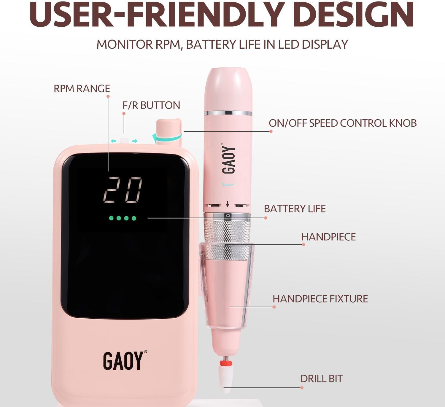 GAOY Rechargeable Cordless Nail Drill for Beginners, Electric Nail File with 12 Drill Bits and Sanding Band Set for Acrylic and Gel, Pink image number 5