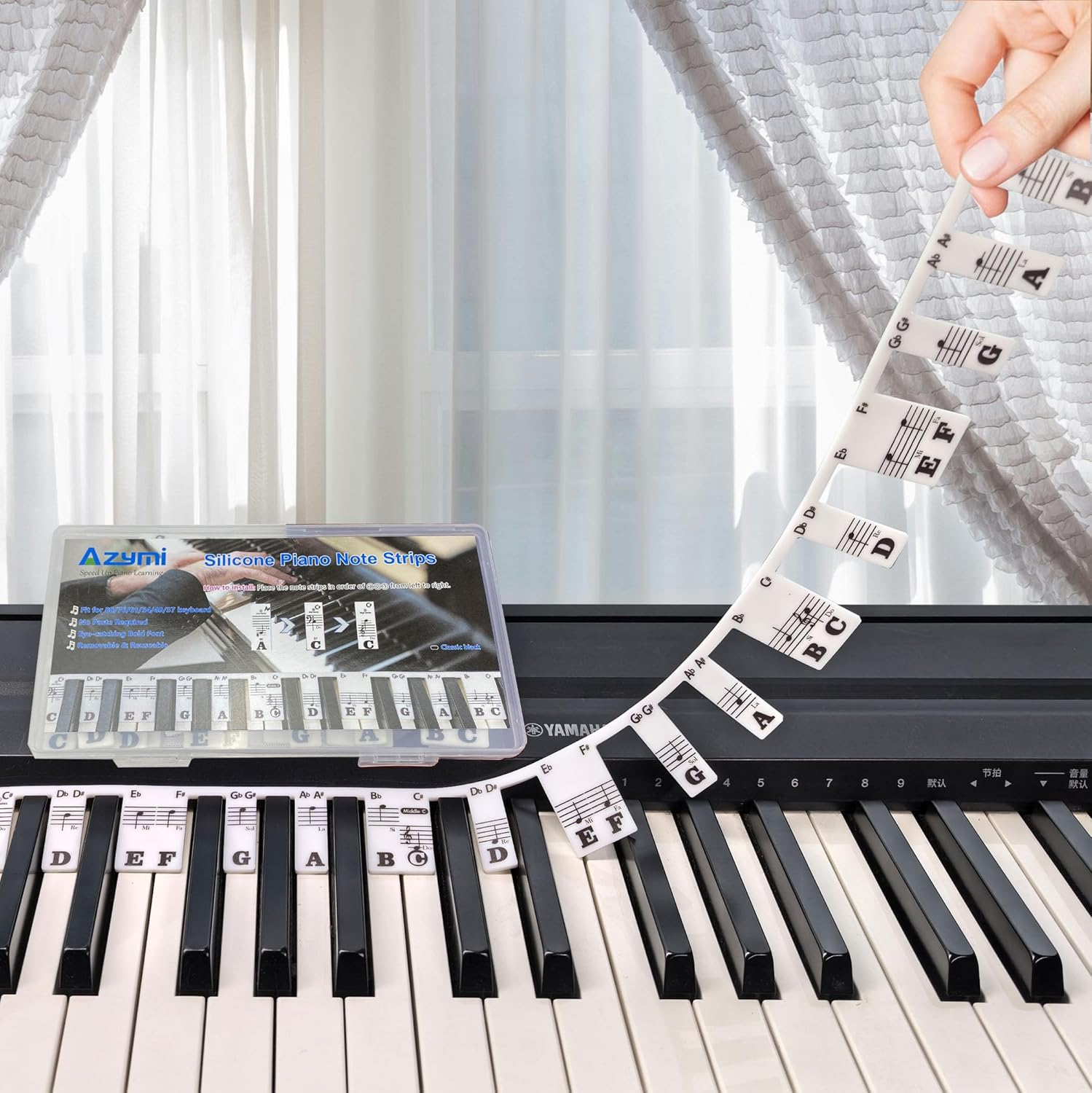 Azymi Removable Piano Keyboard Note Labels, Piano Letters for Keys 88/76/ 61/54/ 49/37, Reusable Silicone Strips Black Large Bold Letter for Kids Beginners