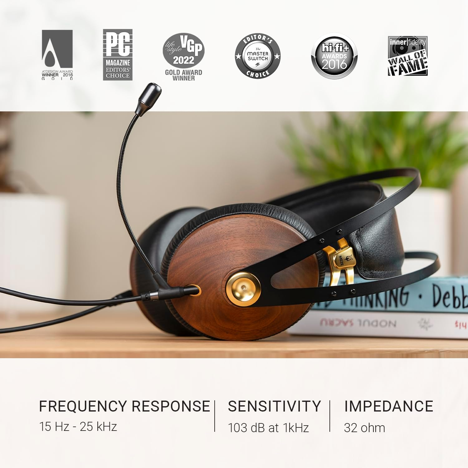 MEZE AUDIO | 99 Classic Walnut Gold & Boom Microphone Headset | Wired Over-Ear Headphones with Boom Microphone and Self-Adjustable Headband | Closed Back Headset for Gaming | Remote Work | Audiophile - Silver image number 5