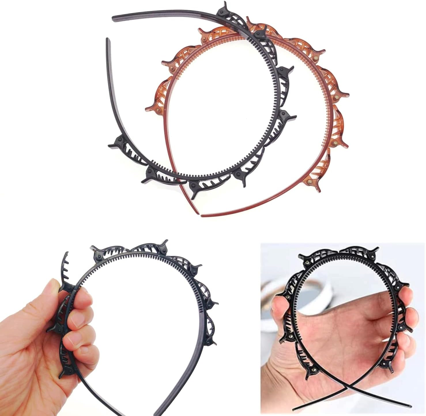 JZK 2 X Hairpin Headband, Plastic Double Layer Twist Plait Hairpin Headbands Hair Band Styling Accessories for Girls Women (Black + Brown) image number 6