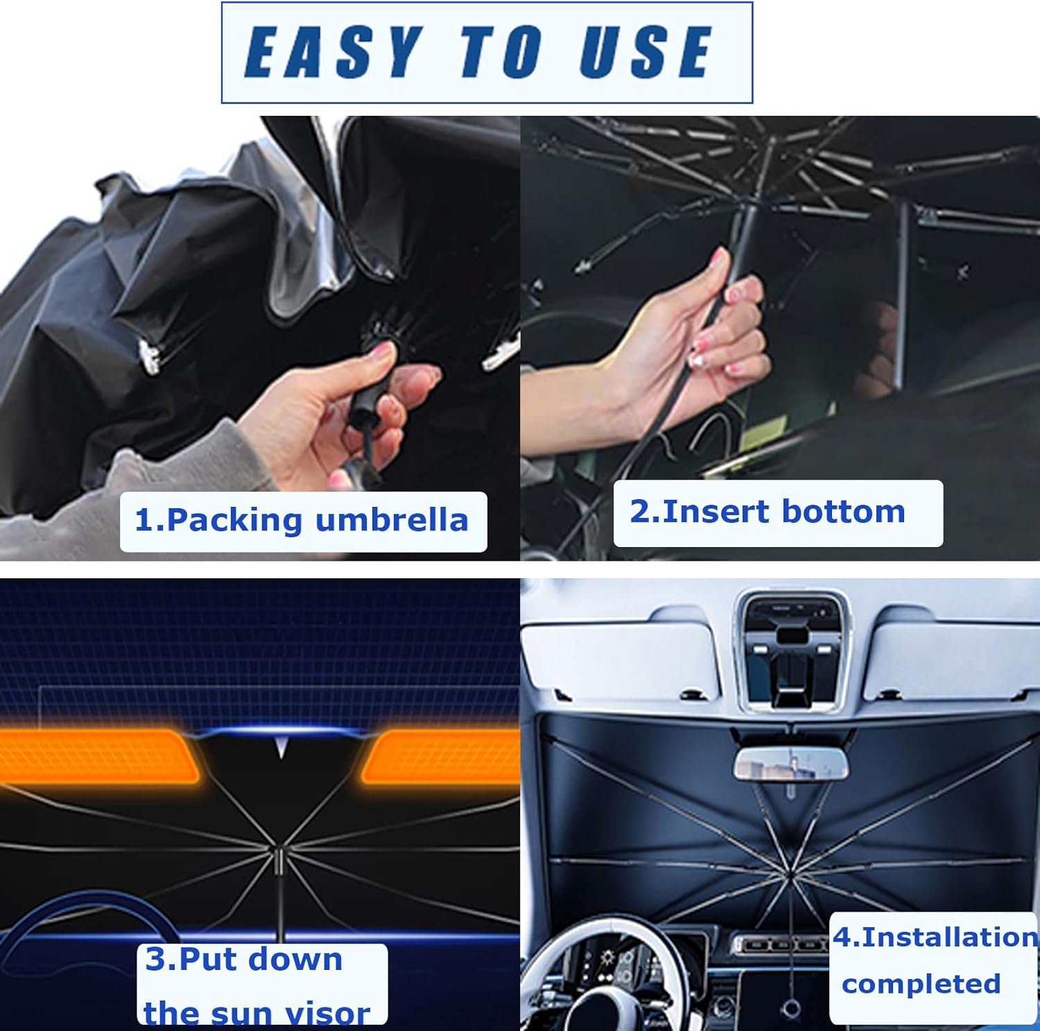 Car Windshield Sun Shade Umbrella,Pull Ring Car Sun Shade Front Window Cover,Upgrade Foldable Sunshade Umbrella with Opening Design for UV Ray Block for Most Vehicles 59 X 32Inch Large Size image number 2