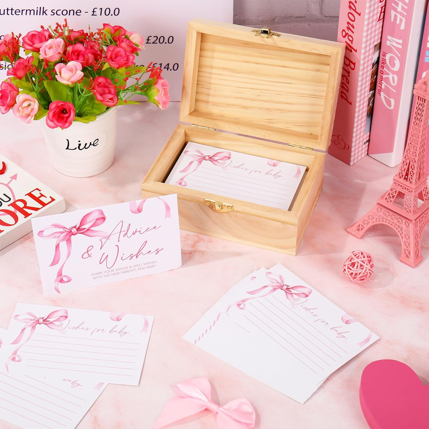 50Pcs Baby Shower Advice Cards Double-Sided Pink Bow Advice and Wish Cards with Wood Box for New Parents Baby Shower Gender Reveal Supplies image number 4