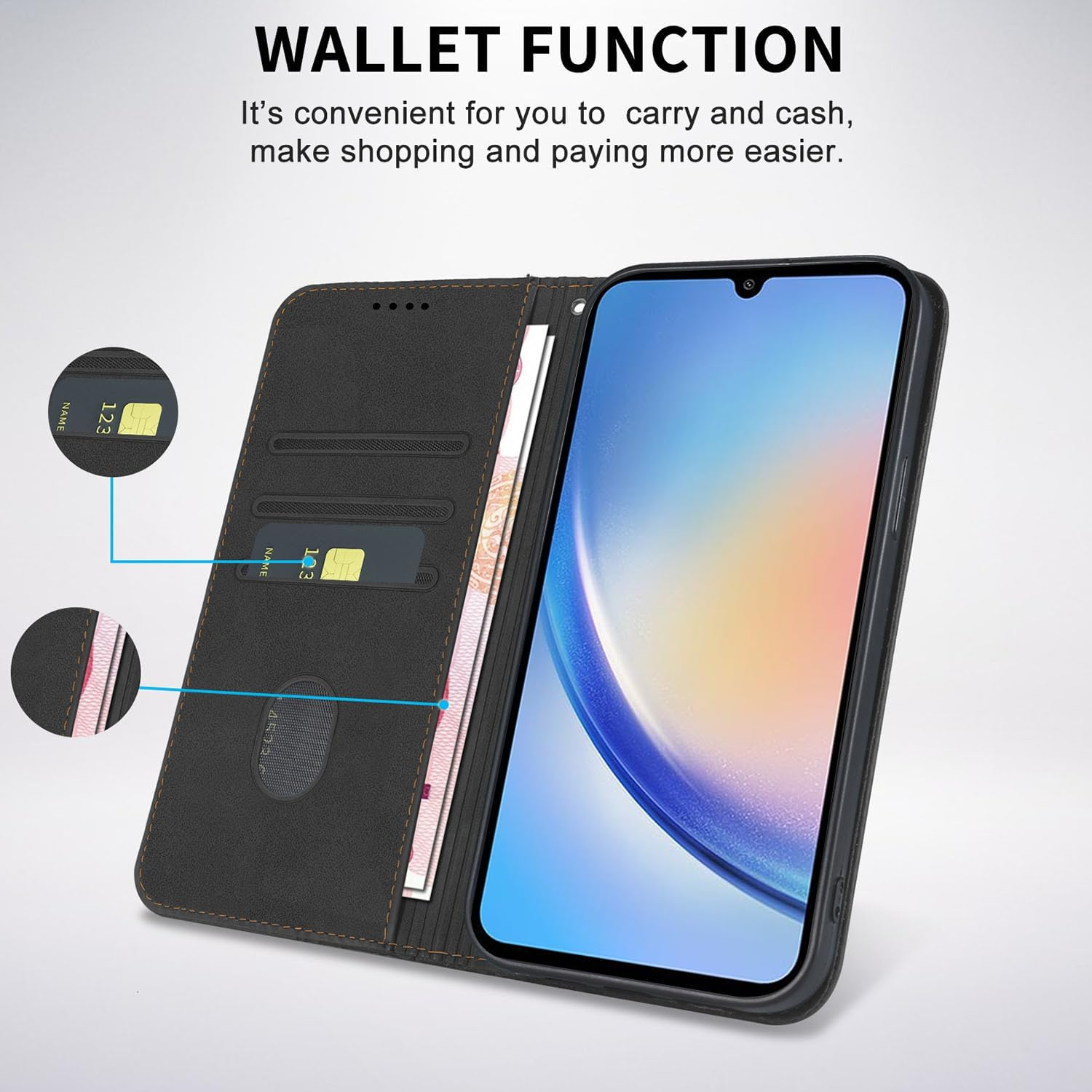 CXTCASE Case for Samsung Galaxy A35, Shockproof PU Leather Flip Folio Cover with Card Slots, Magnetic Wallet Case for Samsung Galaxy A35, Black - Blue image number 2