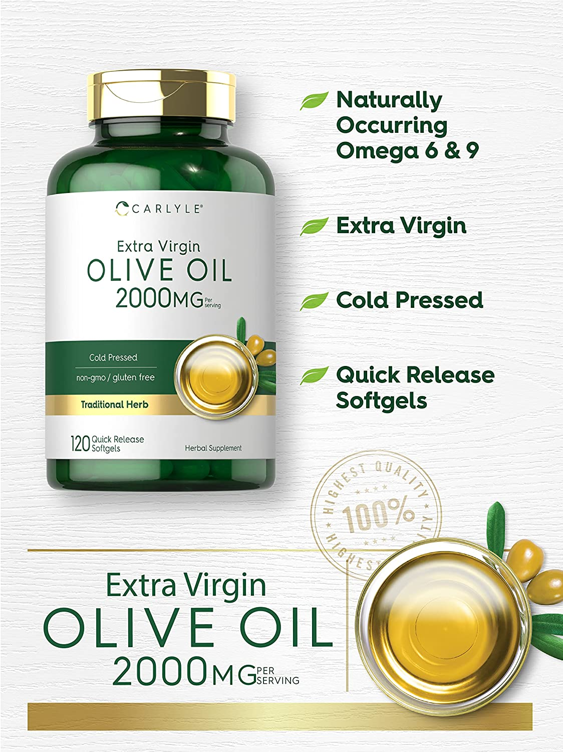 Olive Oil Supplement 2000Mg | 120 Softgels | Cold Pressed Extra Virgin Olive Oil | Non-Gmo, Gluten Free | by Carlyle image number 3