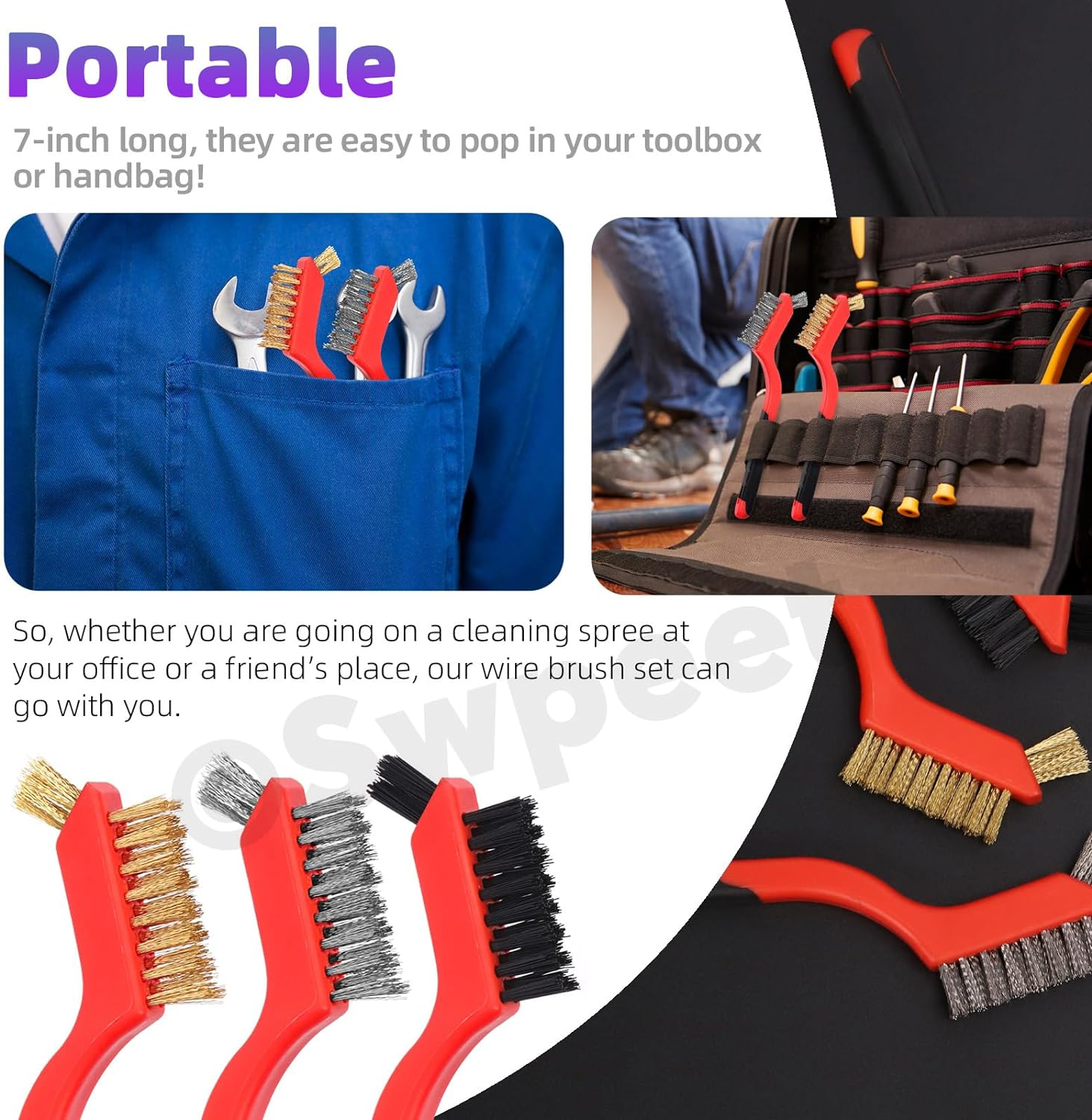 Swpeet 8Pcs Red Small Wire Brush Set, Wire Brush Shovel Set with Curved Handle Grip for Cleaning Rust, Included 2Pcs Brass Brushes, 2Pcs Stainless Steel Brushes, 2Pcs Nylon Brushes, 2Pcs Scraper image number 4