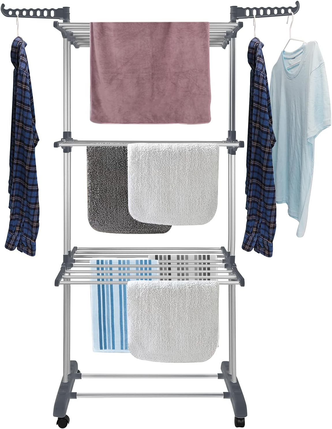 Bigzzia Clothes Drying Rack Folding Clothes Rail 3 Tier Clothes Horses Rack Stainless Steel Laundry Garment Dryer Stand with Two Side Wings Grey