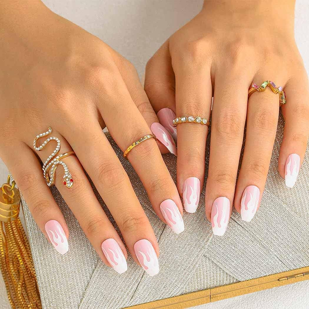 Sethexy Flame False Nail Medium Ballerina False Fingernails Pink Press on Nails Pack of 24 Shiny Acrylic Nails for Women and Girls image number 5