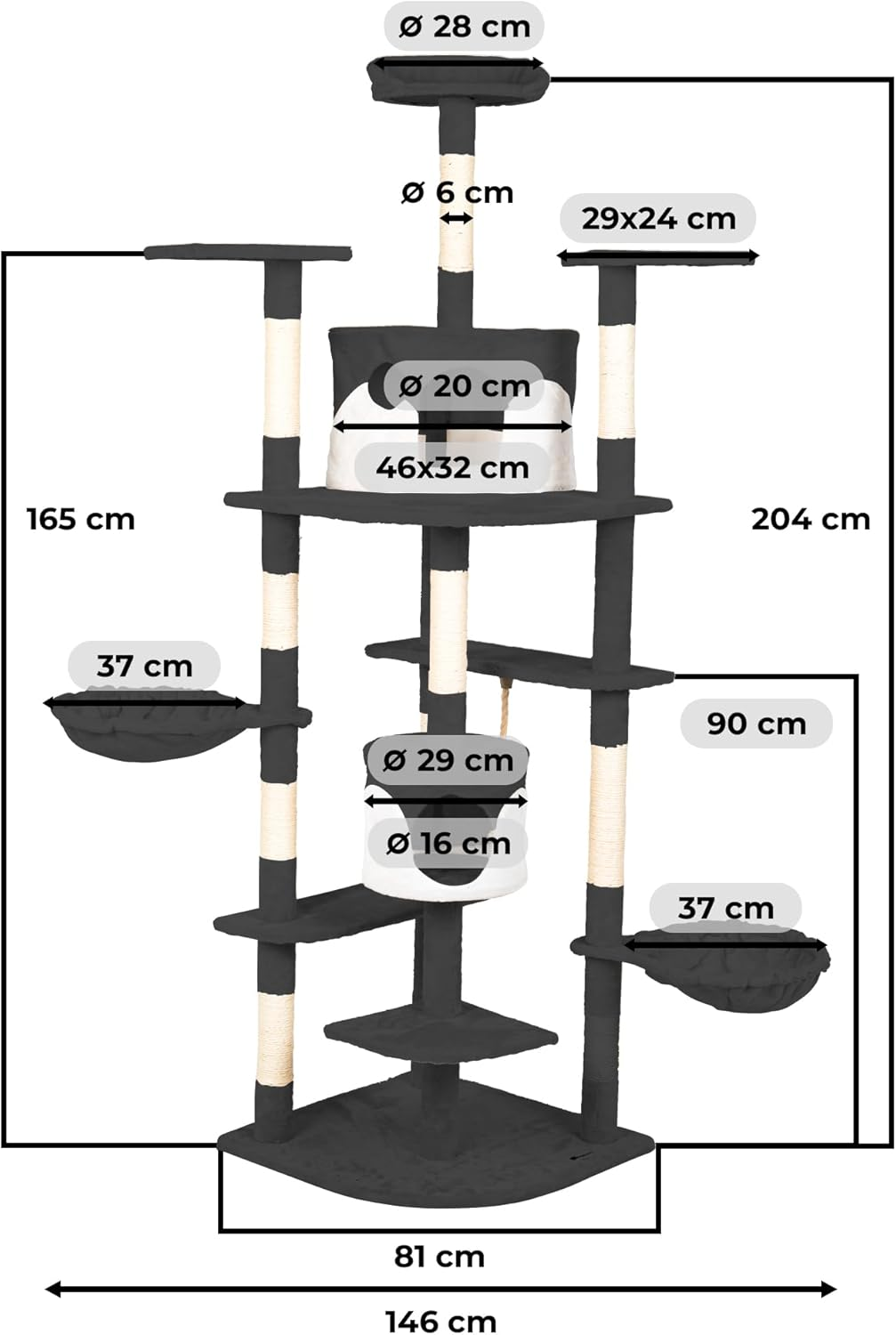 Casa Basics Cat Tree Scratching Post for 1-3 Cats, Large Height 204 Cm Climbing Tower, Multi-Level Stable, Activity Trees, Platforms, Rope, Rope, Hutches, Nests, Soft Plush Fabric (Black) image number 2